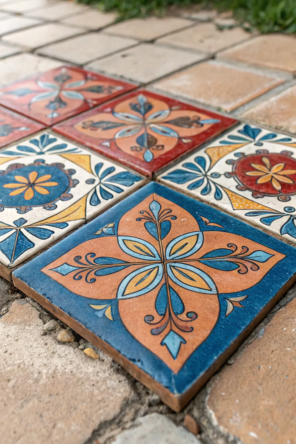 Four tiles, one seamless drawing idea: bold hand-painted mosaic art connecting edge to edge.