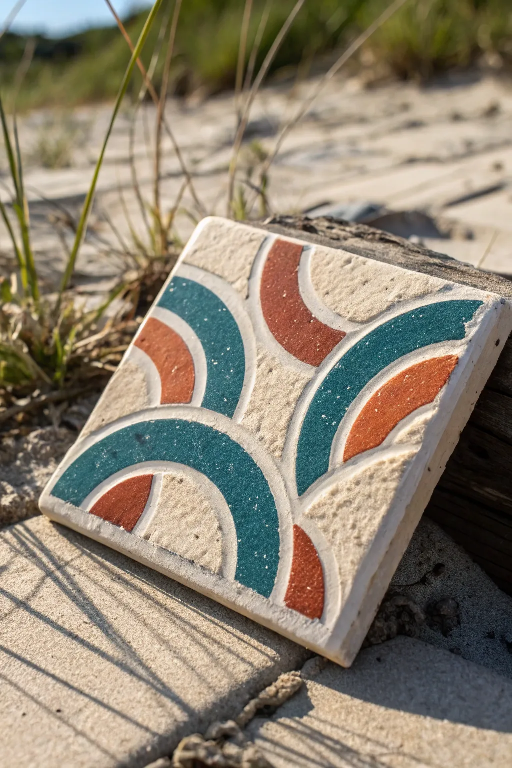 Textured sand-painted tile with bold teal and terracotta, lit from the side for depth
