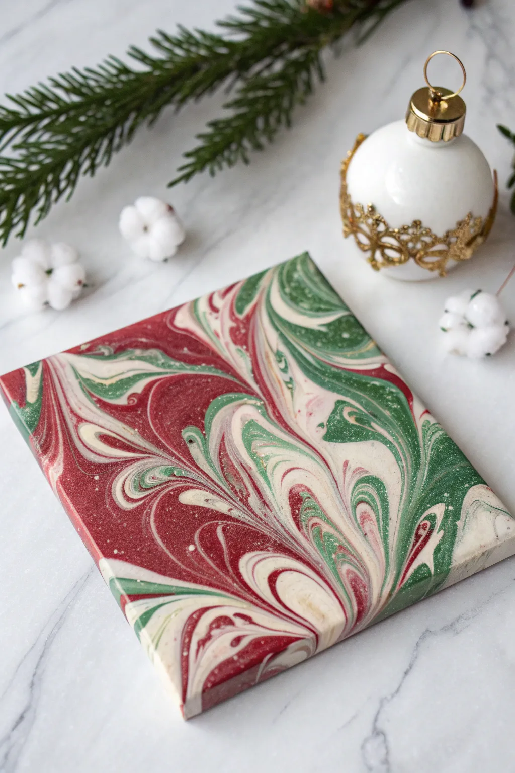 Toddler Christmas canvas: red and green shaving-cream marble with a simple ornament and fingerprint sparkles