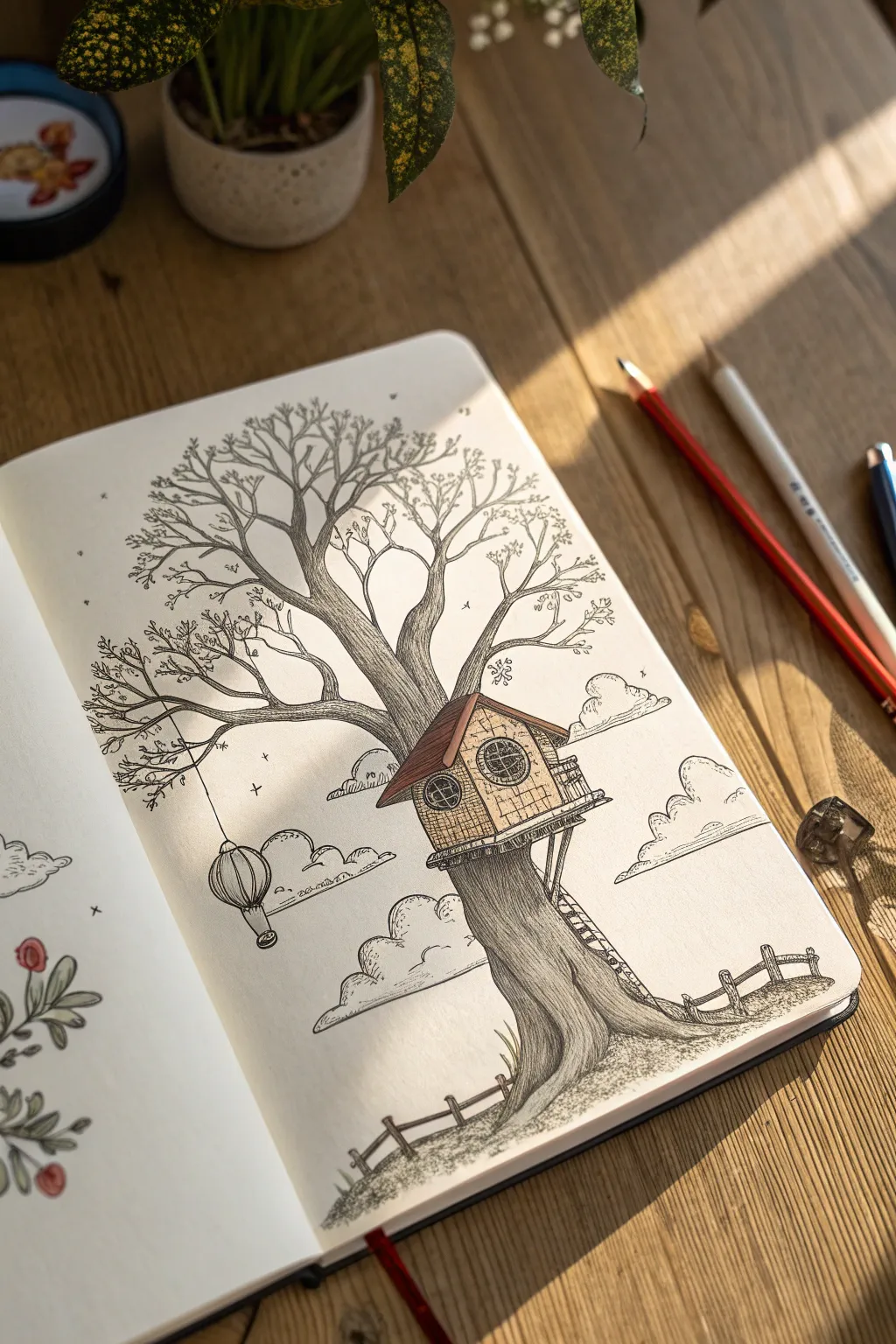 Surreal floating-branch tree house sketch with dreamy clouds and bold boho-minimal colors