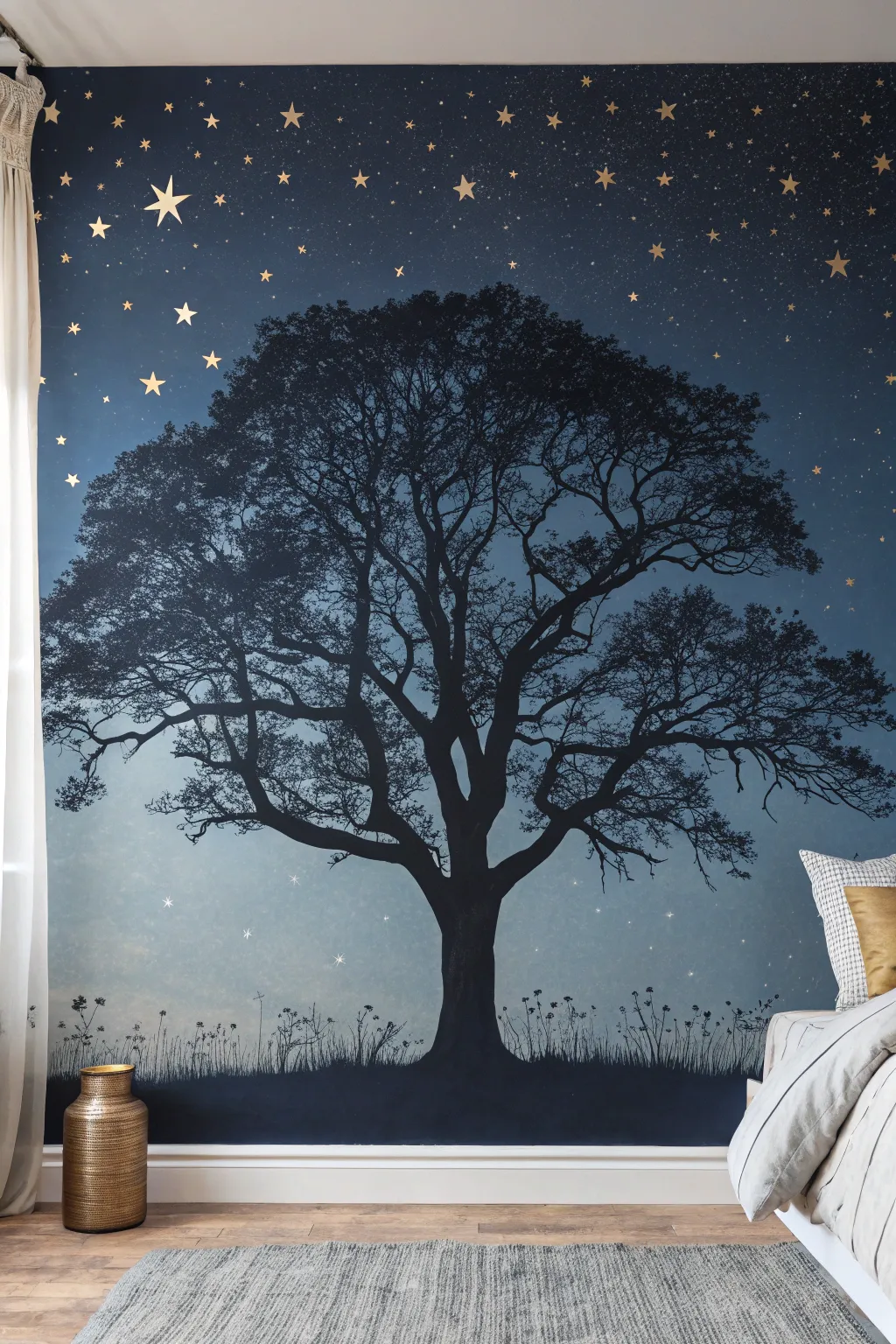 Moody night-sky tree mural with hidden starlight in the canopy, calm yet magical.
