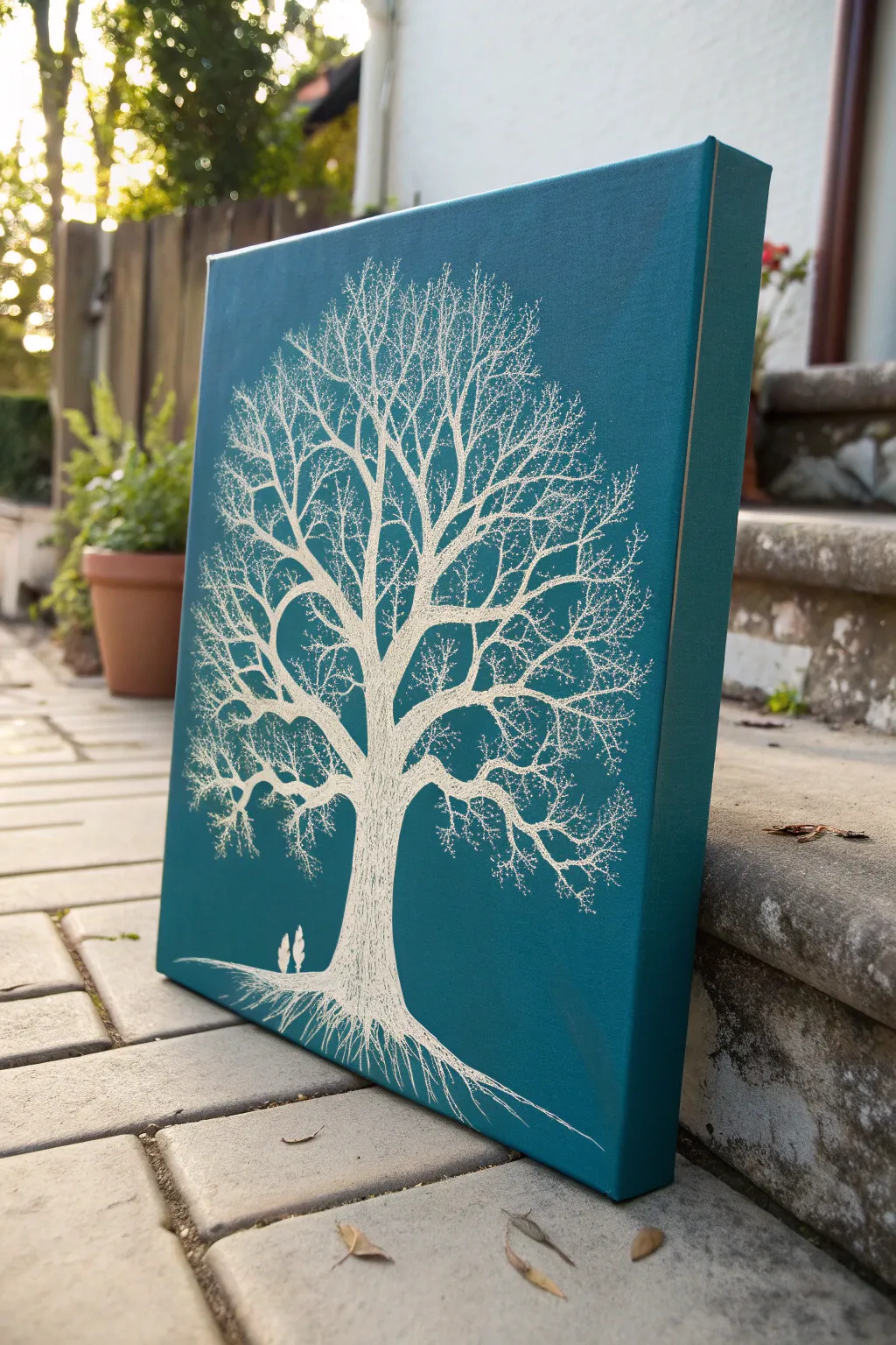 Bold teal background with crisp negative space Tree of Life silhouette, minimalist boho and striking.
