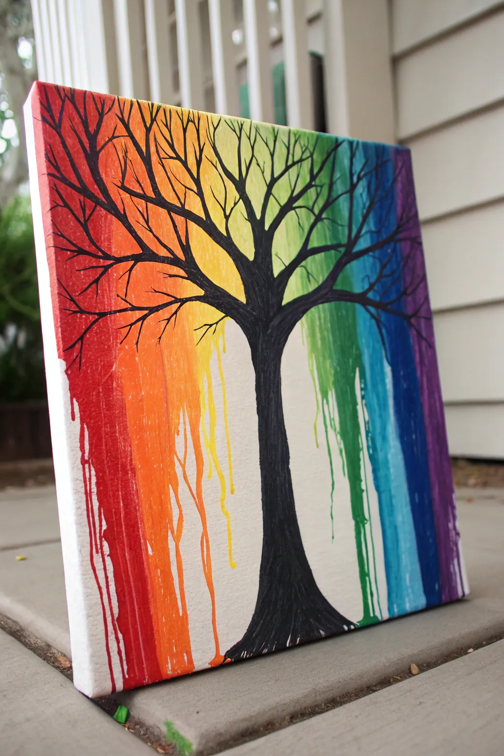 Modern rainbow tree canopy with bold drips and a clean minimalist background