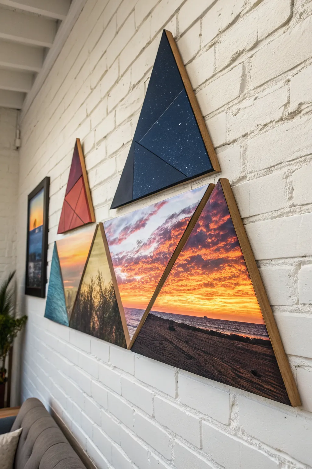 Triangle triptych sky mosaic: sunset, starlight, and aurora flowing across three canvases