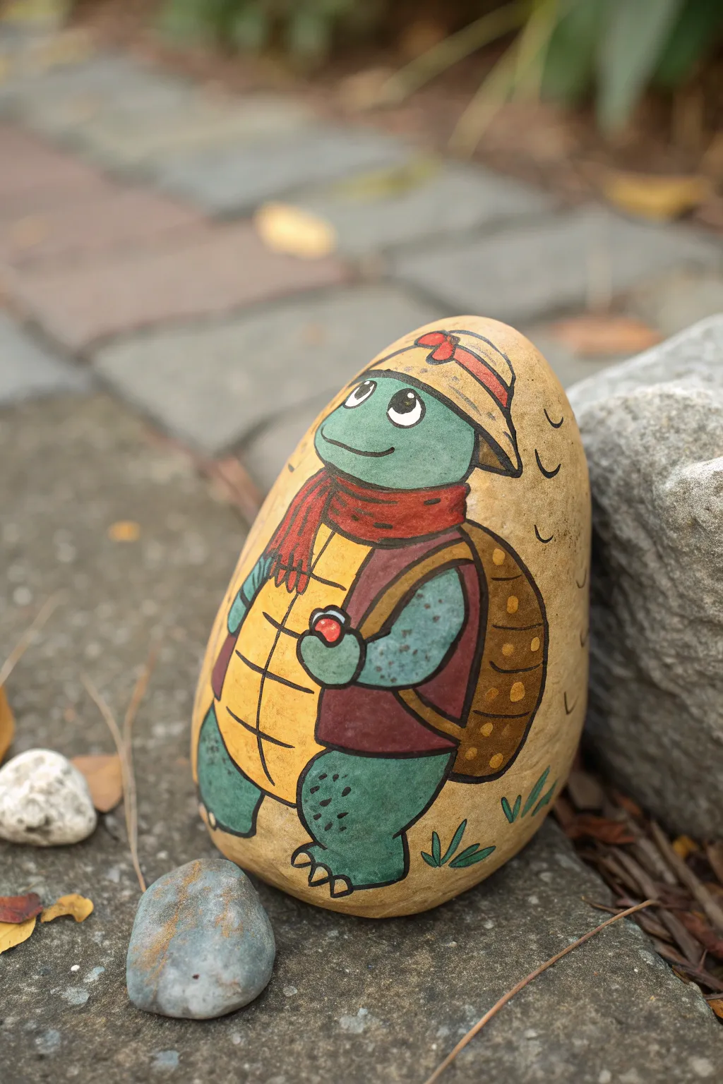 Storybook turtle character rock with tiny hat and scarf in warm boho colors, clean minimalist style