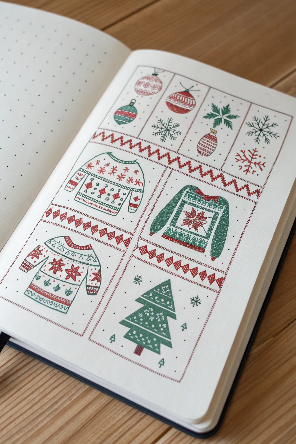 A 3x3 mini sweater grid of bold holiday motifs for quick ugly sweater drawing inspiration