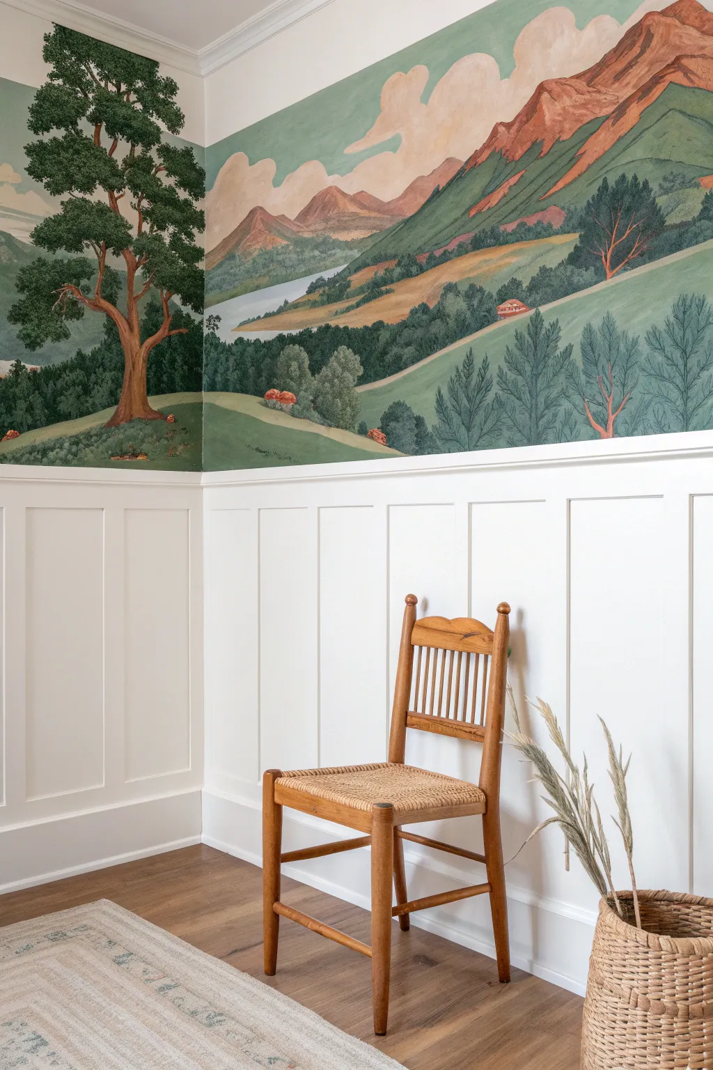 Transform your space with crisp wainscoting and a bold artistic mural.