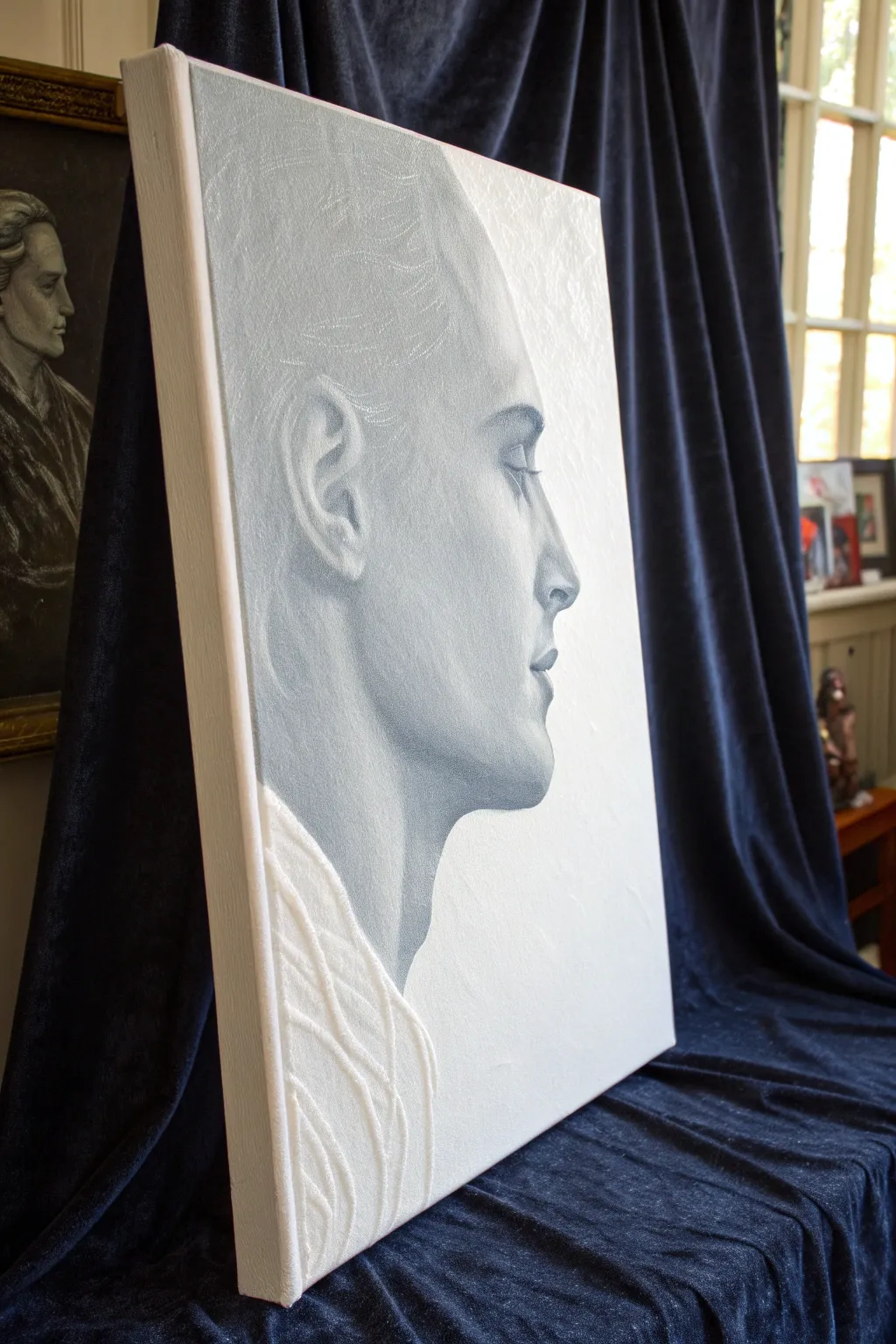 Reverse silhouette portrait: let the white canvas glow against a deep, velvety backdrop