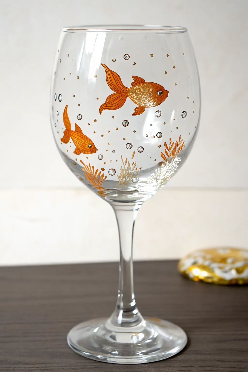 Beginner wine glass painting: bold orange goldfish circling the bowl with simple bubble dots