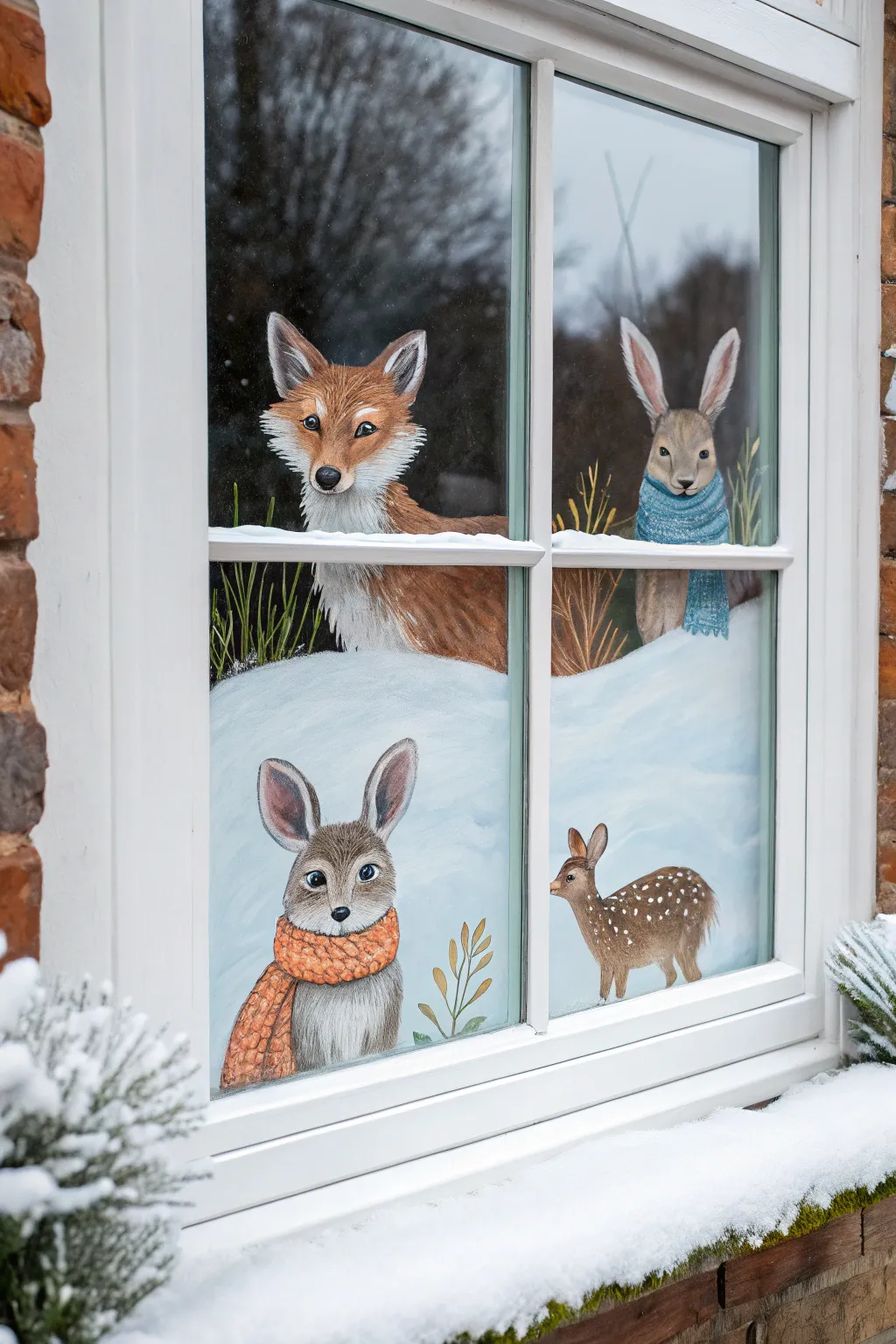 Cozy winter window painting: fox, rabbit, and deer in scarves peeking over snowy banks