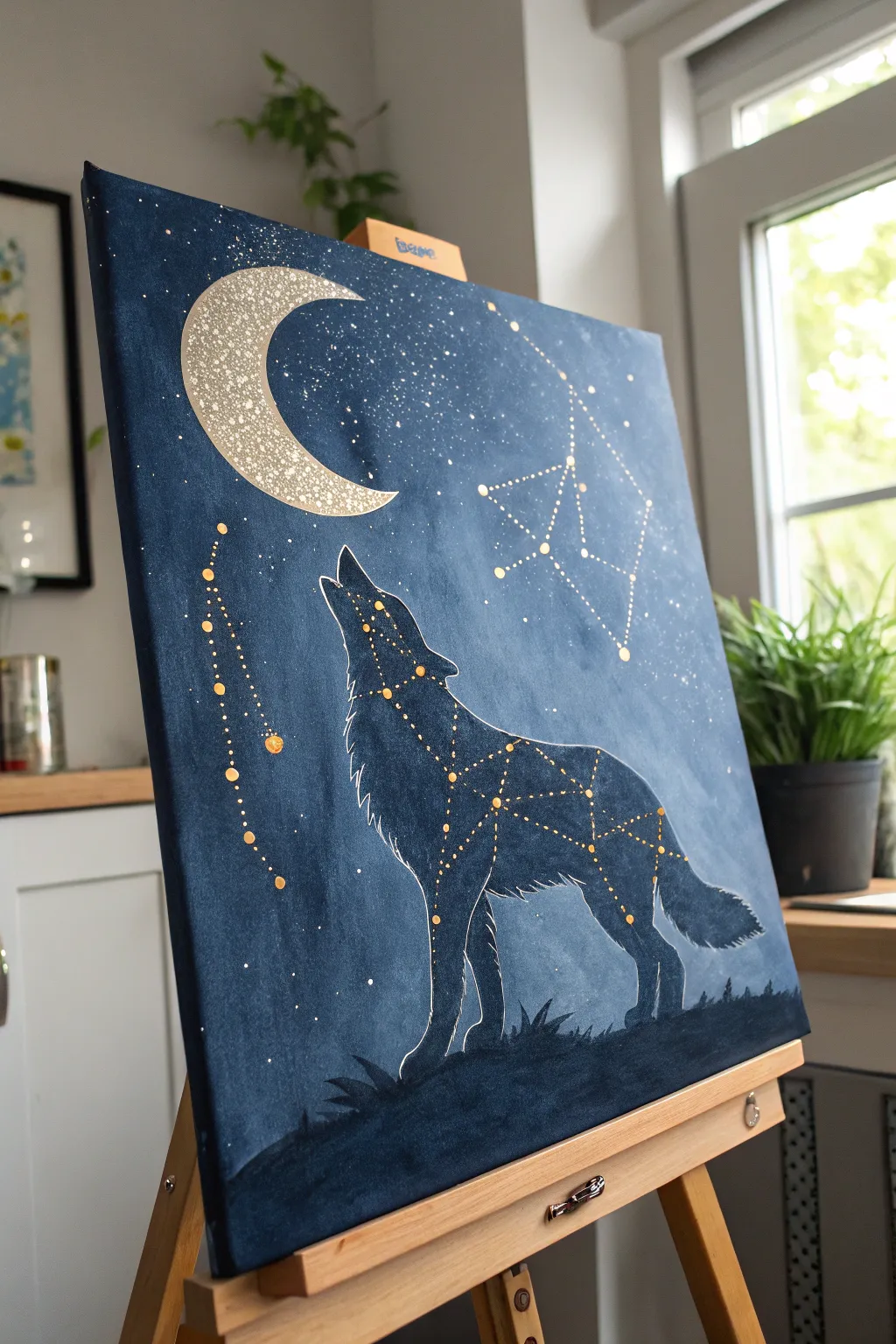 Constellation wolf painting in glowing indigo with moon phases, minimalist boho magic.