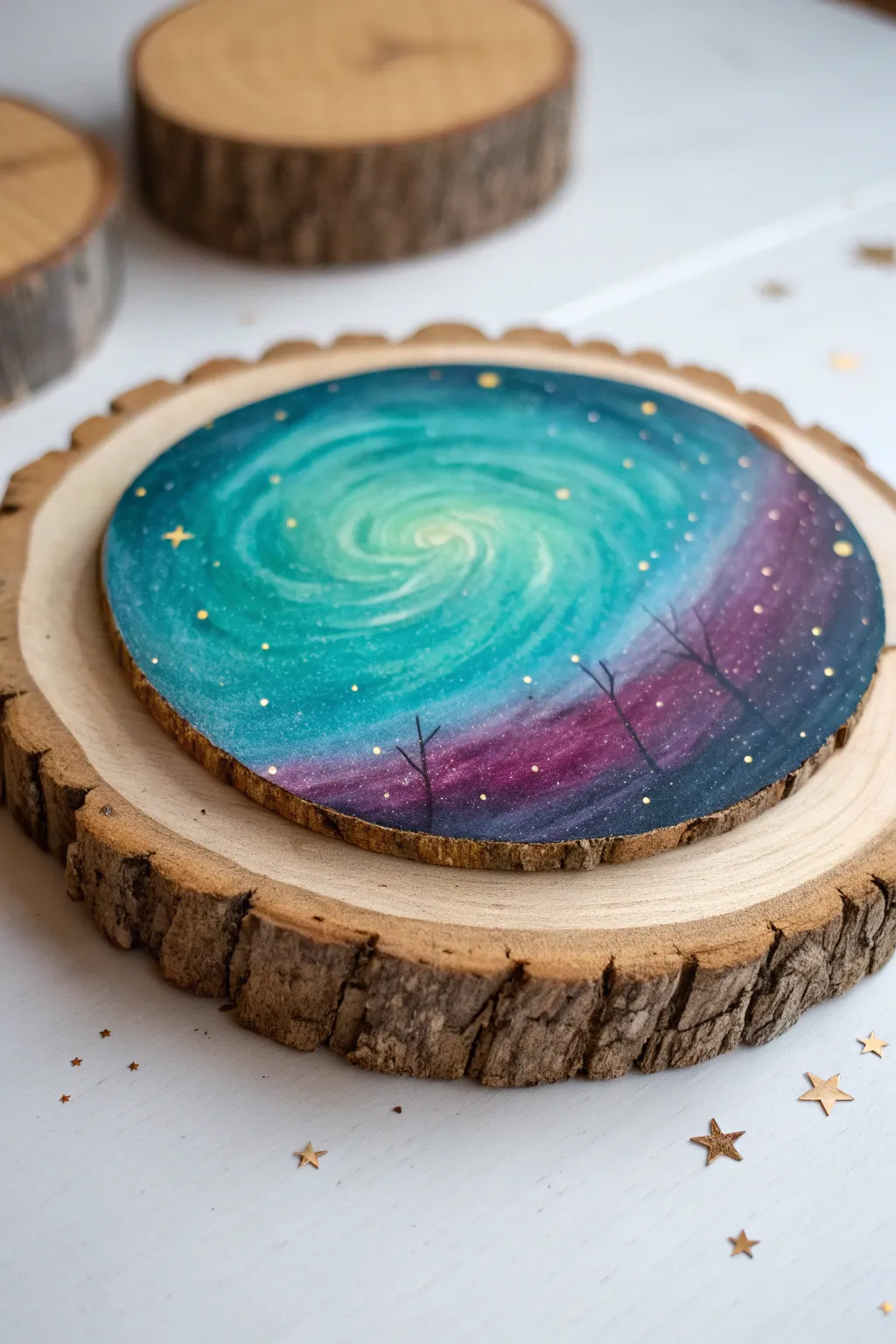 Paint a dreamy portal on a wood slice and leave the rim raw for bold, minimalist contrast.