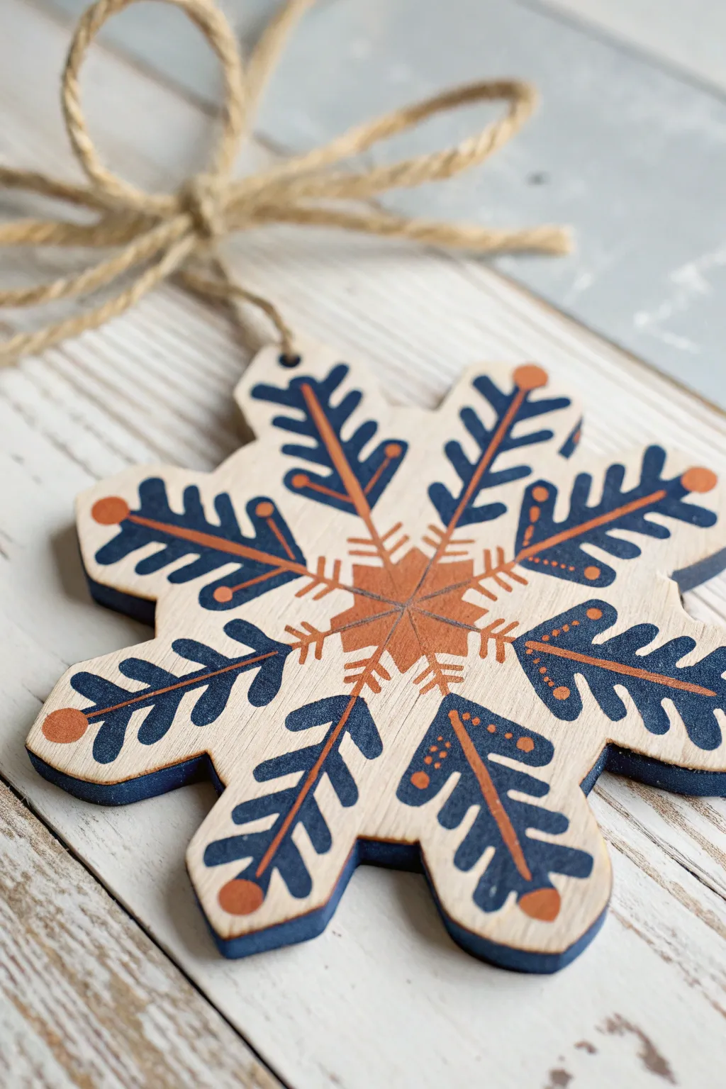 A minimalist wooden snowflake keepsake, hand-painted details and twine for a cozy heirloom feel