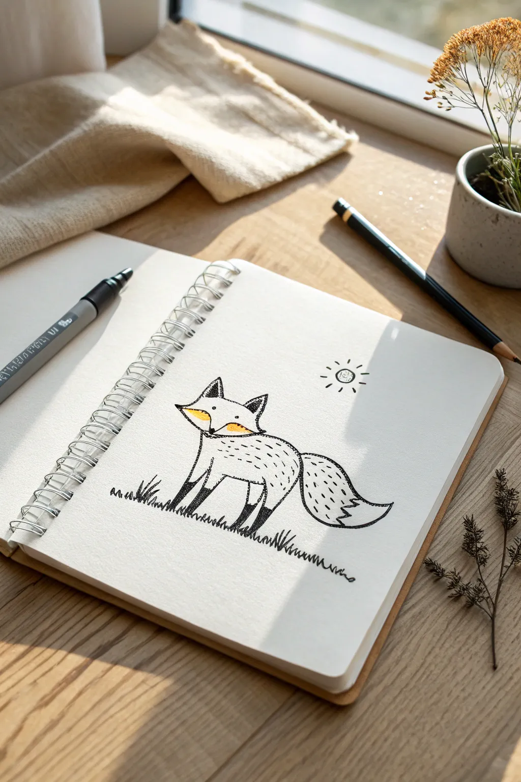 Bold fox sketch with easy fur marks and tools nearby, perfect for confident 10-year-old art