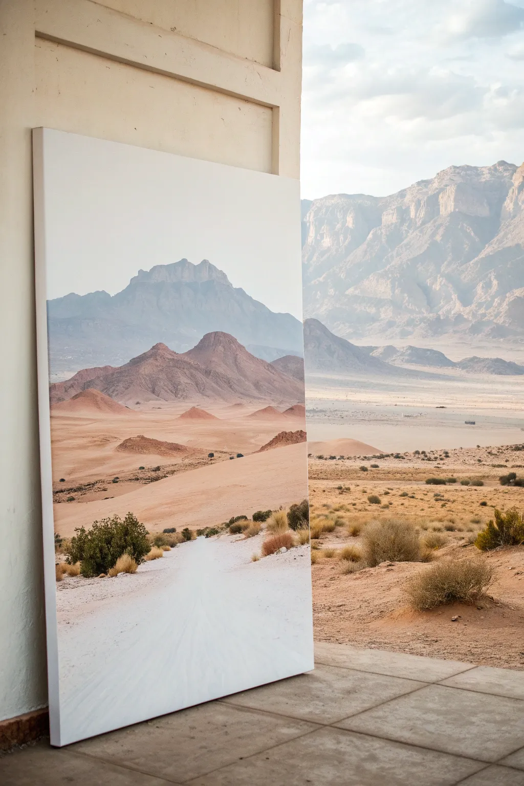Minimal mountain and desert acrylic landscape with crisp value layers and soft boho neutrals