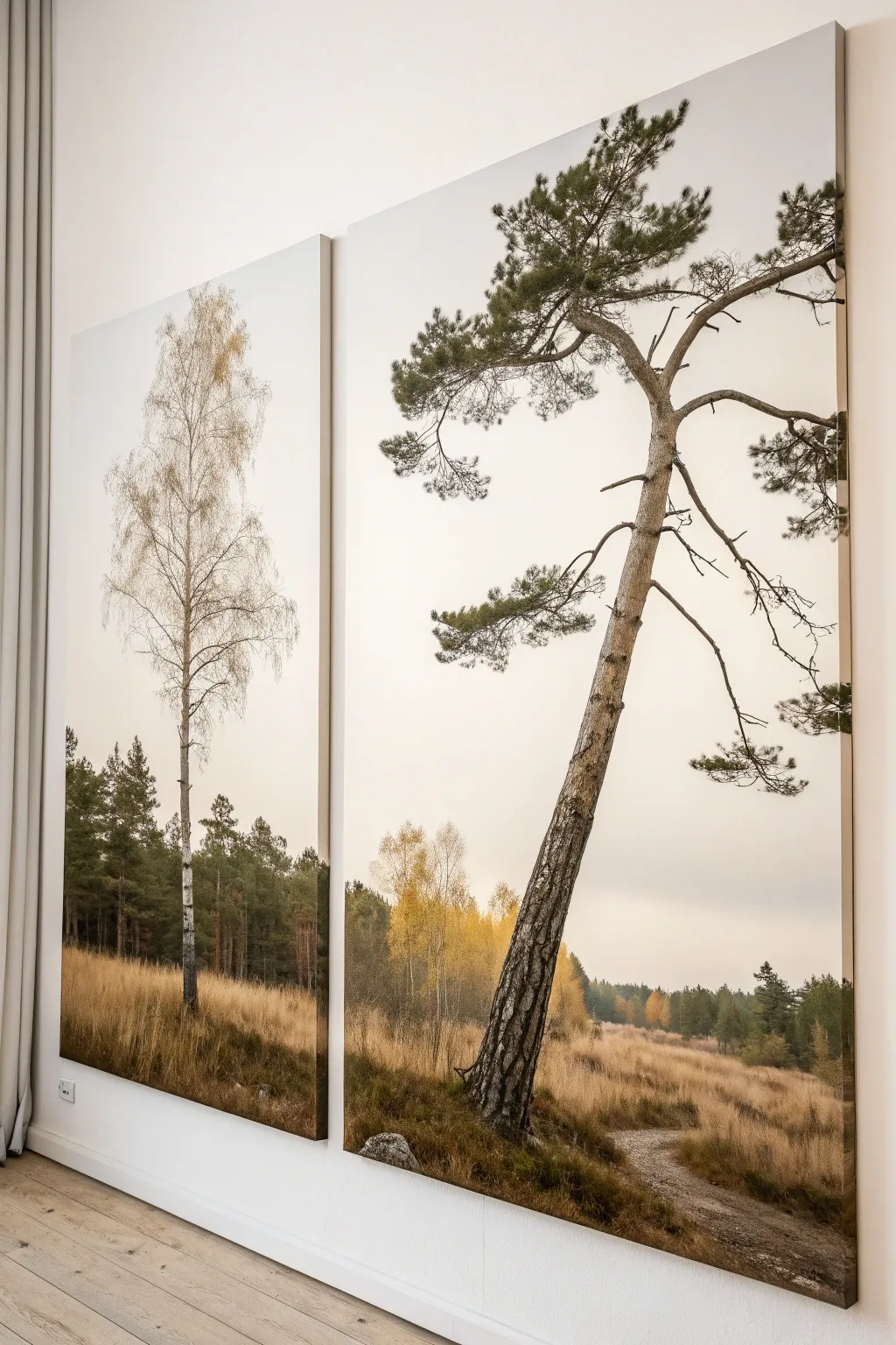 Minimalist 2-canvas painting: two leaning trees create a heart in the gap between them