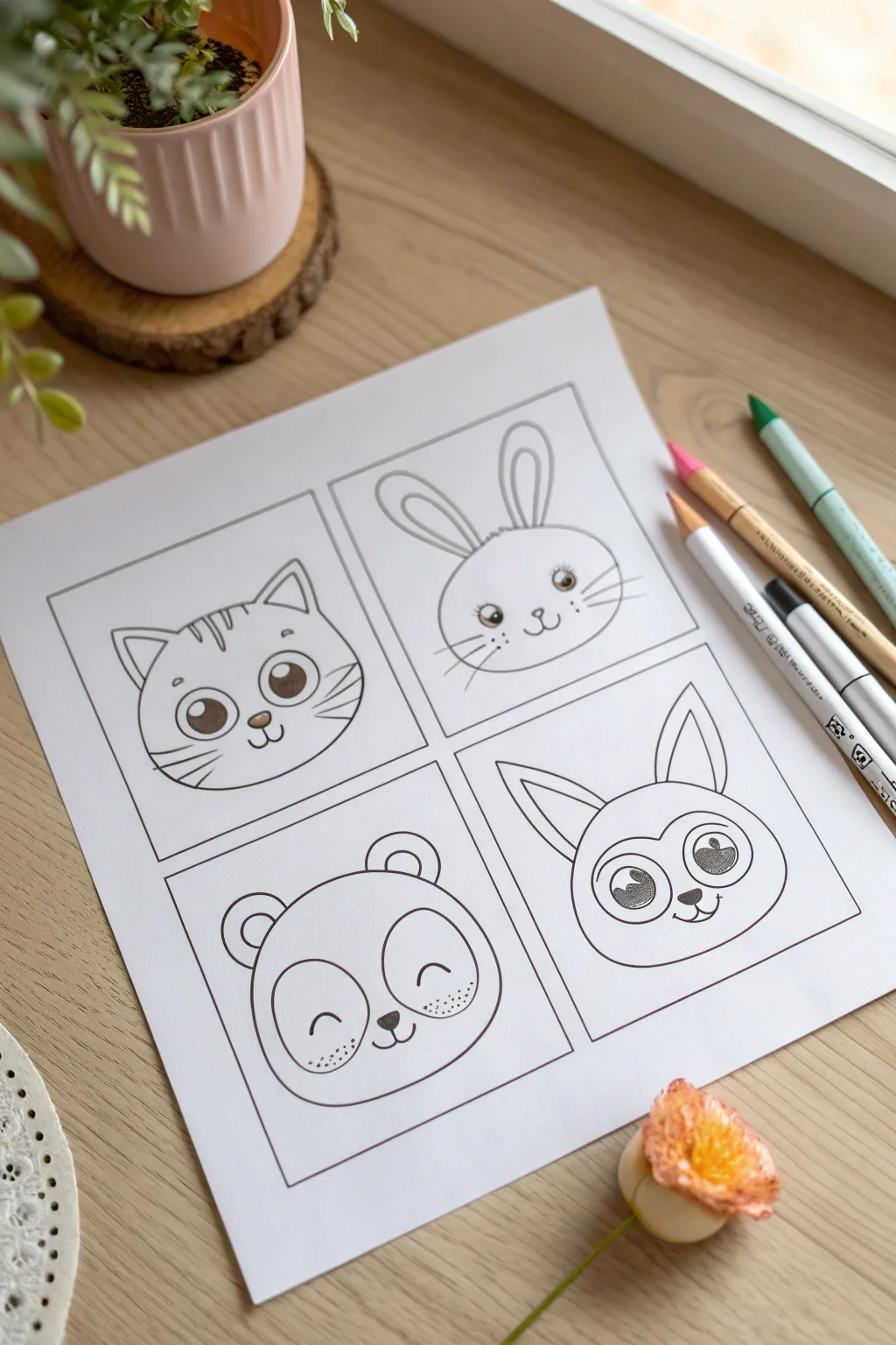 Cute animal headshot coloring page plus three markers for an easy, aesthetic three color challenge.