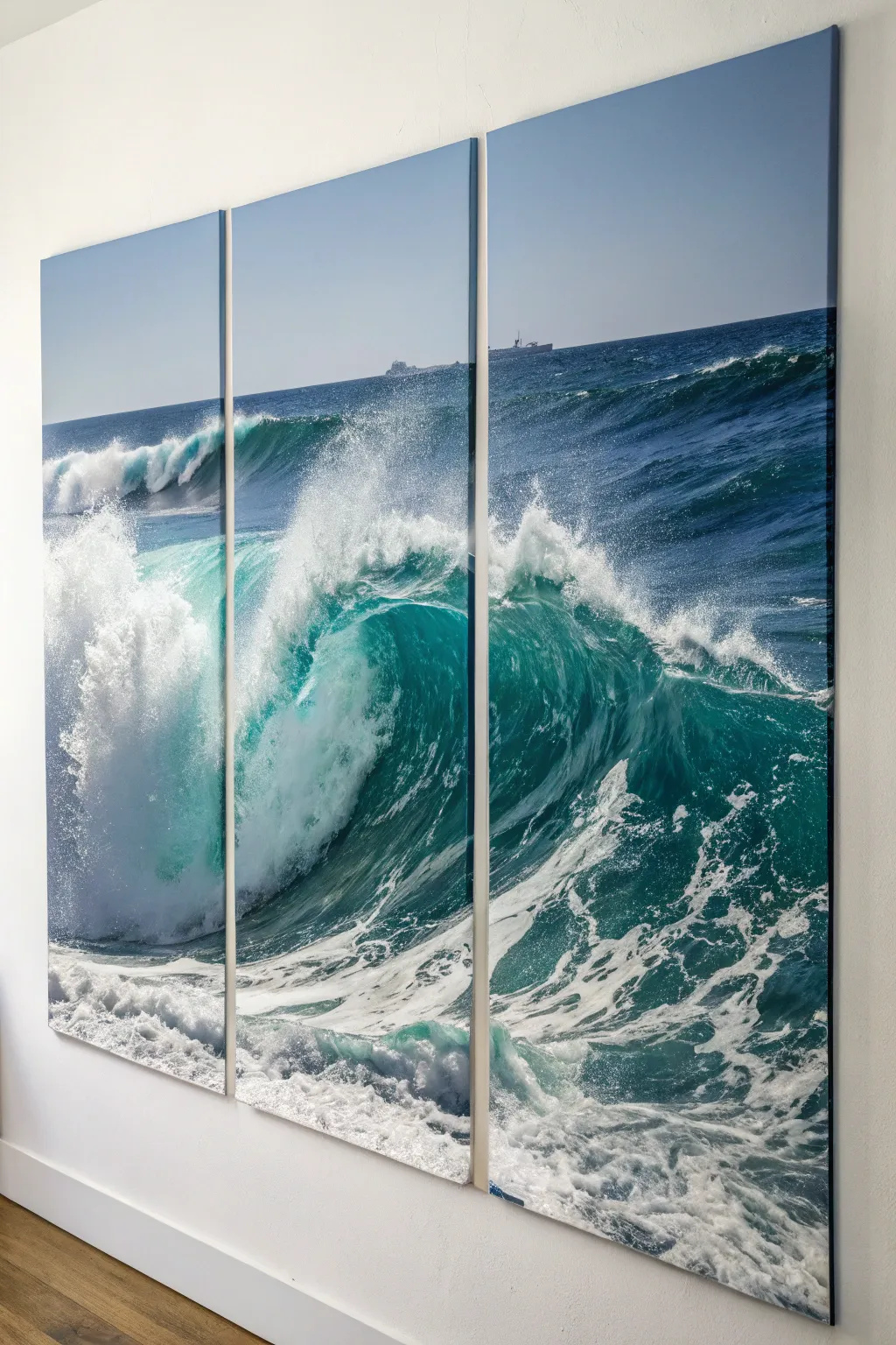 Ocean wave triptych idea: continuous rolling motion across three canvases in teal, navy, and foam white.