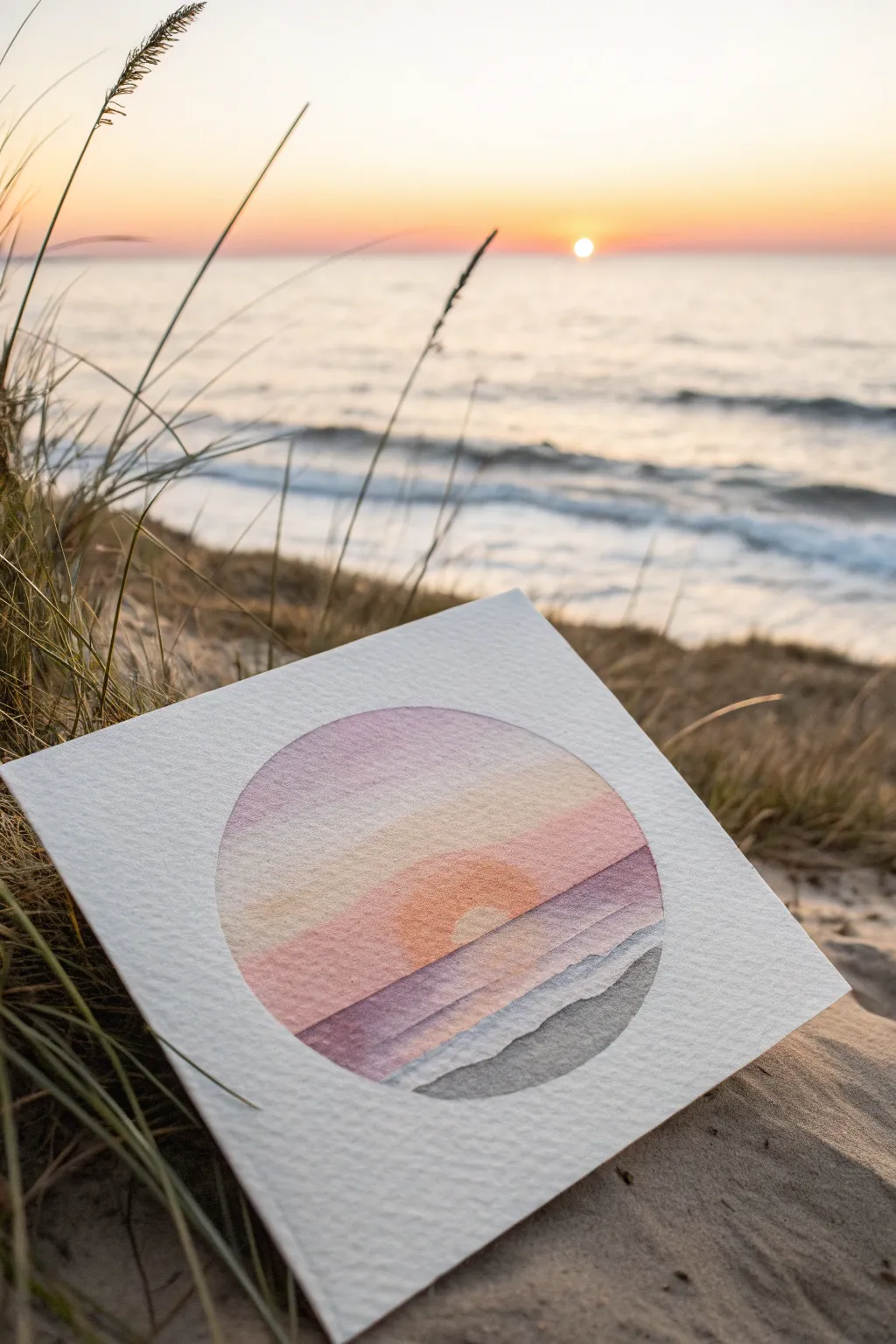 Simple sunset gradient circle: calm horizon, half-sun, and gentle waves for an easy sketch