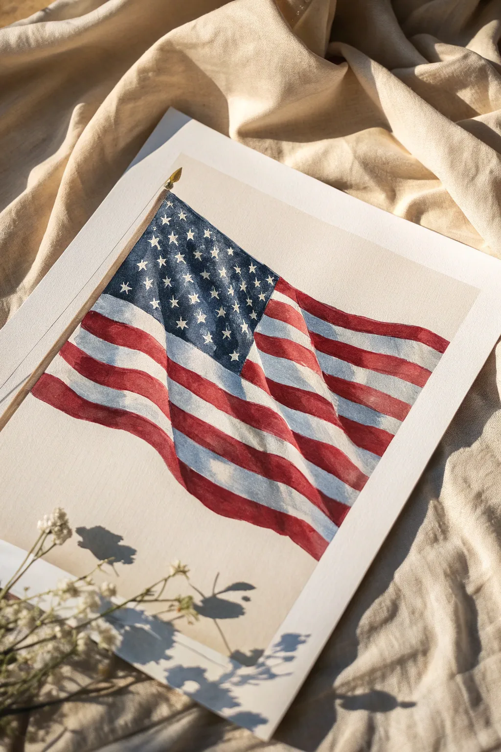 Minimalist stars-and-stripes flag study with bold folds and crisp contrast for 4th of July