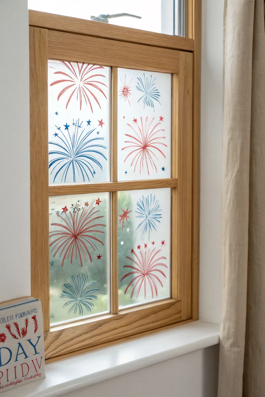 Minimal window-painted fireworks in red, white, and blue, airy composition with crisp contrast