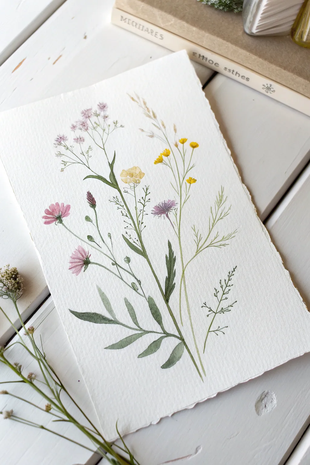 Loose wildflower stems in soft watercolor washes, airy blooms and plenty of bright white space.