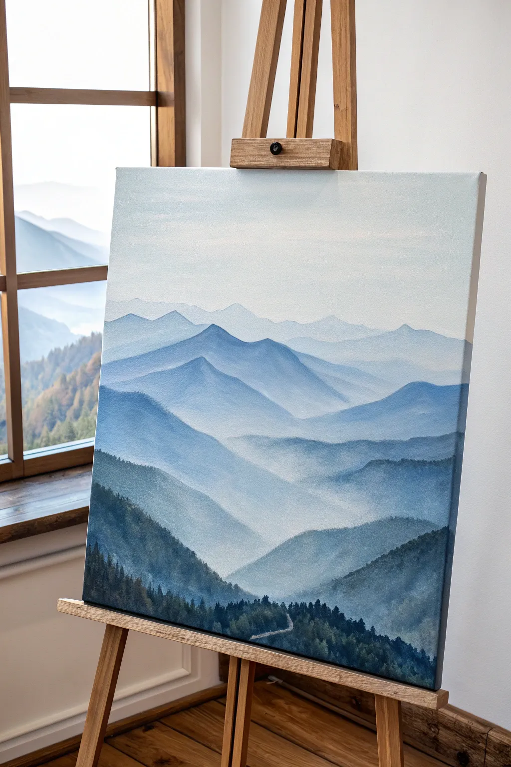 Soft layered misty mountains in cool blues, a calming beginner acrylic idea with crisp contrast