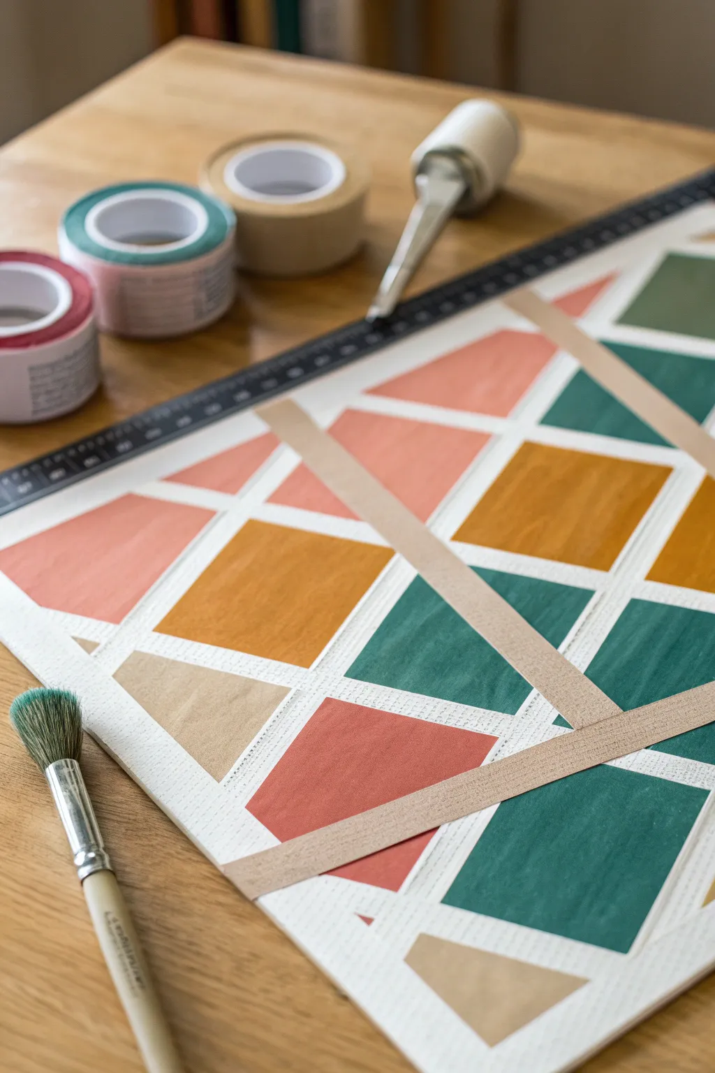 Tape-resist grid close-up with a satisfying peel moment and bold color blocks on clean white lines