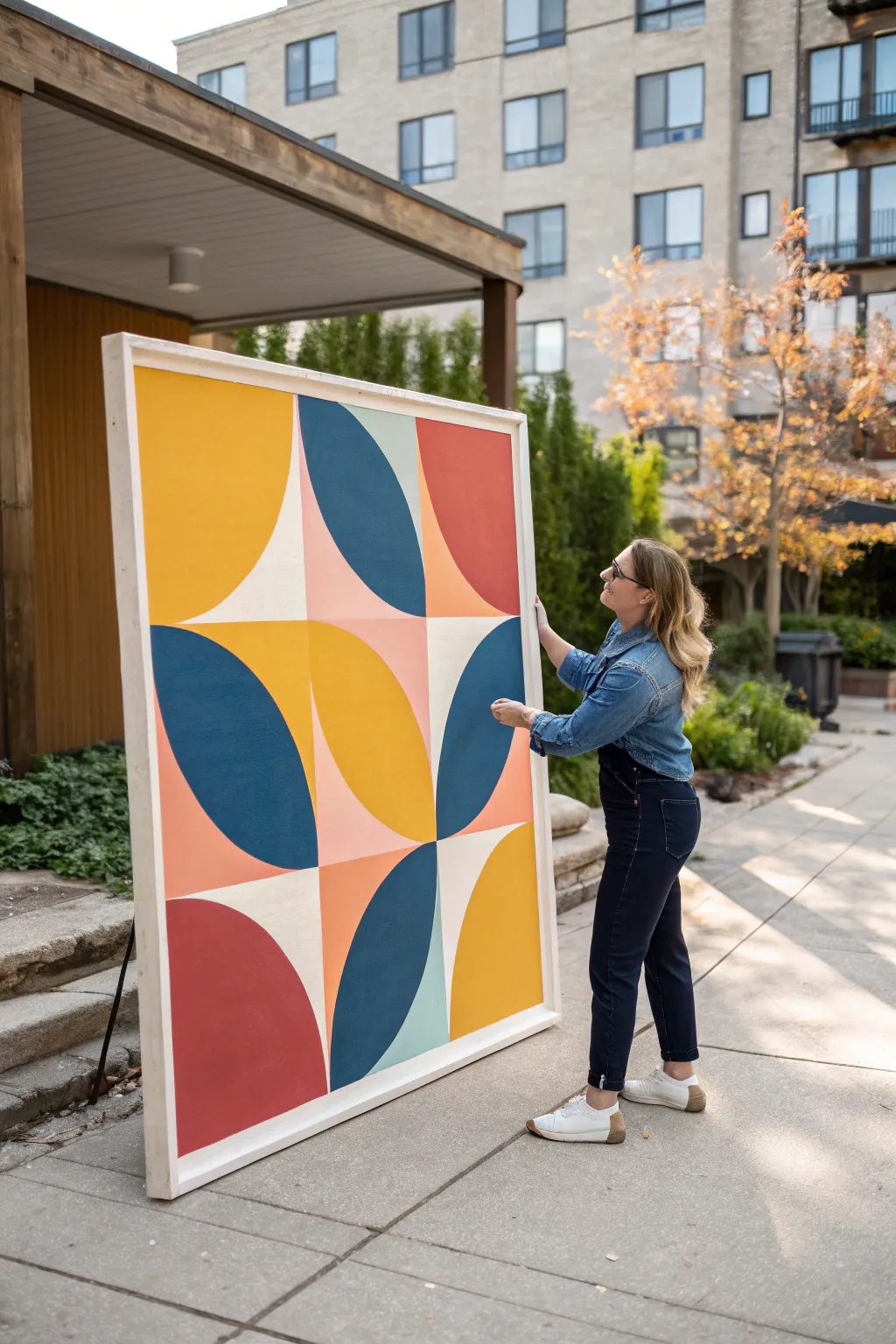Try bold color blocking with big shapes for a sunny, modern abstract painting that pops.