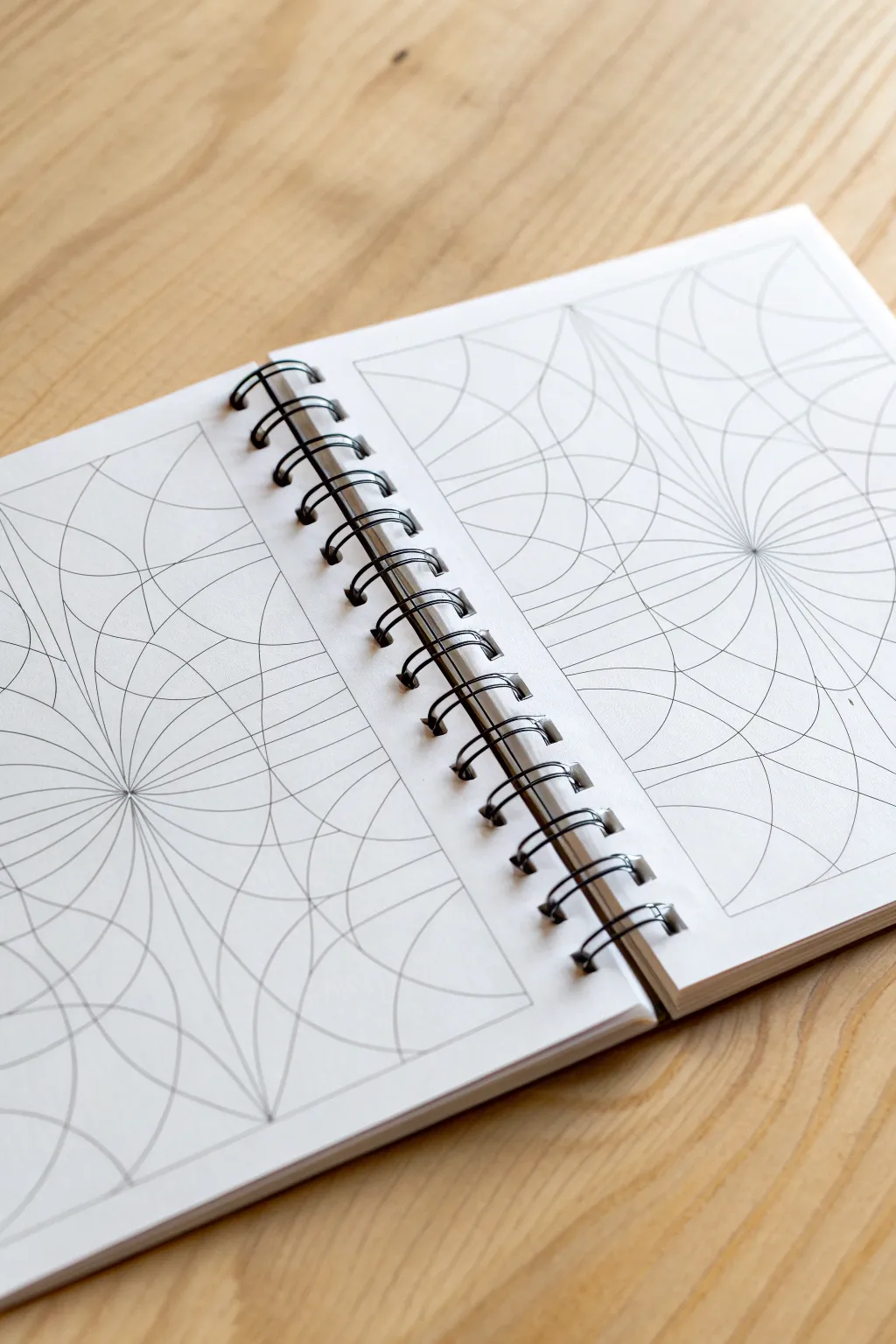 Warped grid illusion drawing in crisp black ink with soft shading, minimalist and calming.