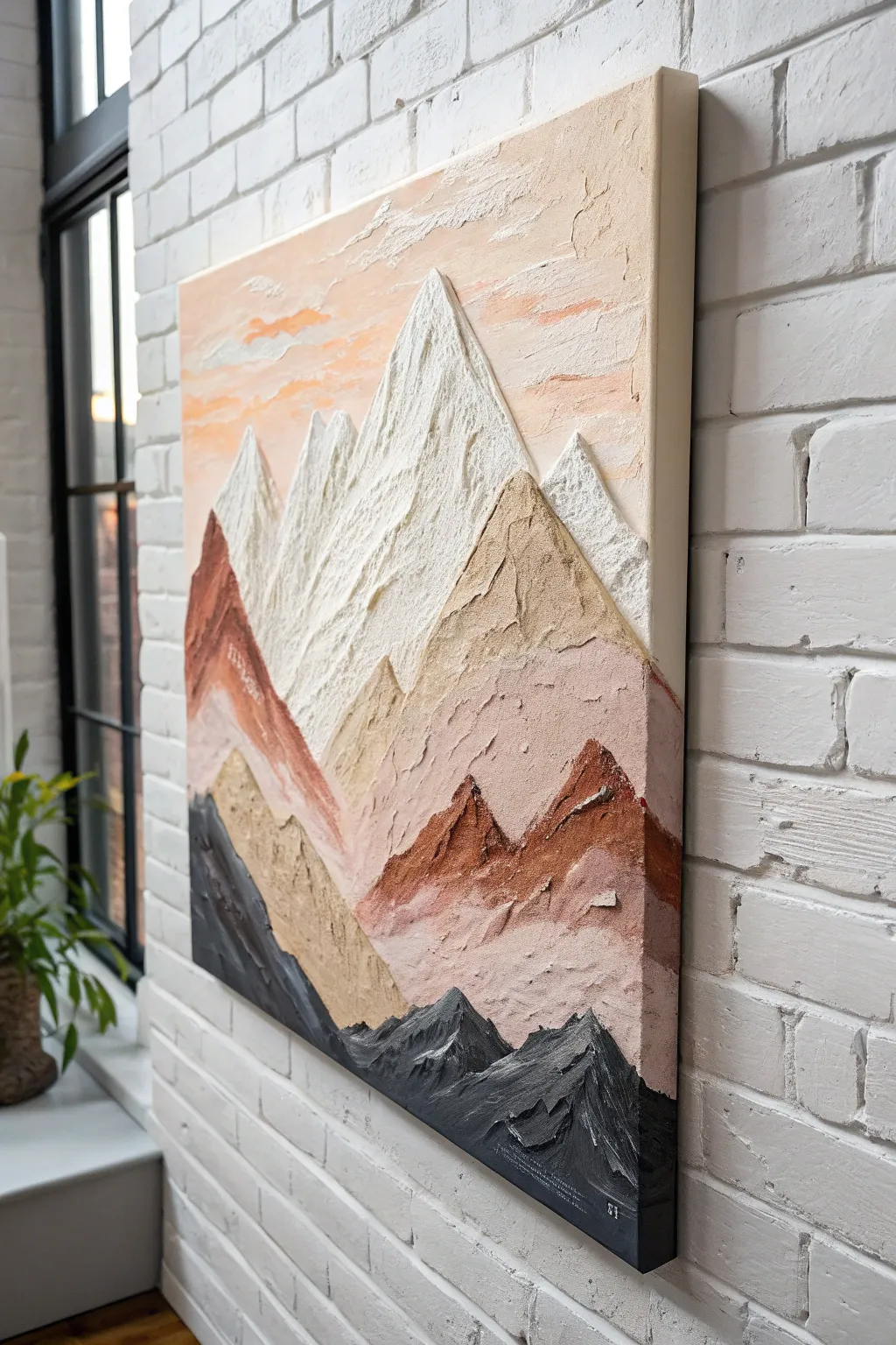 Palette-knife impasto peaks: sculpted oil ridges that catch the light in calm modern hues