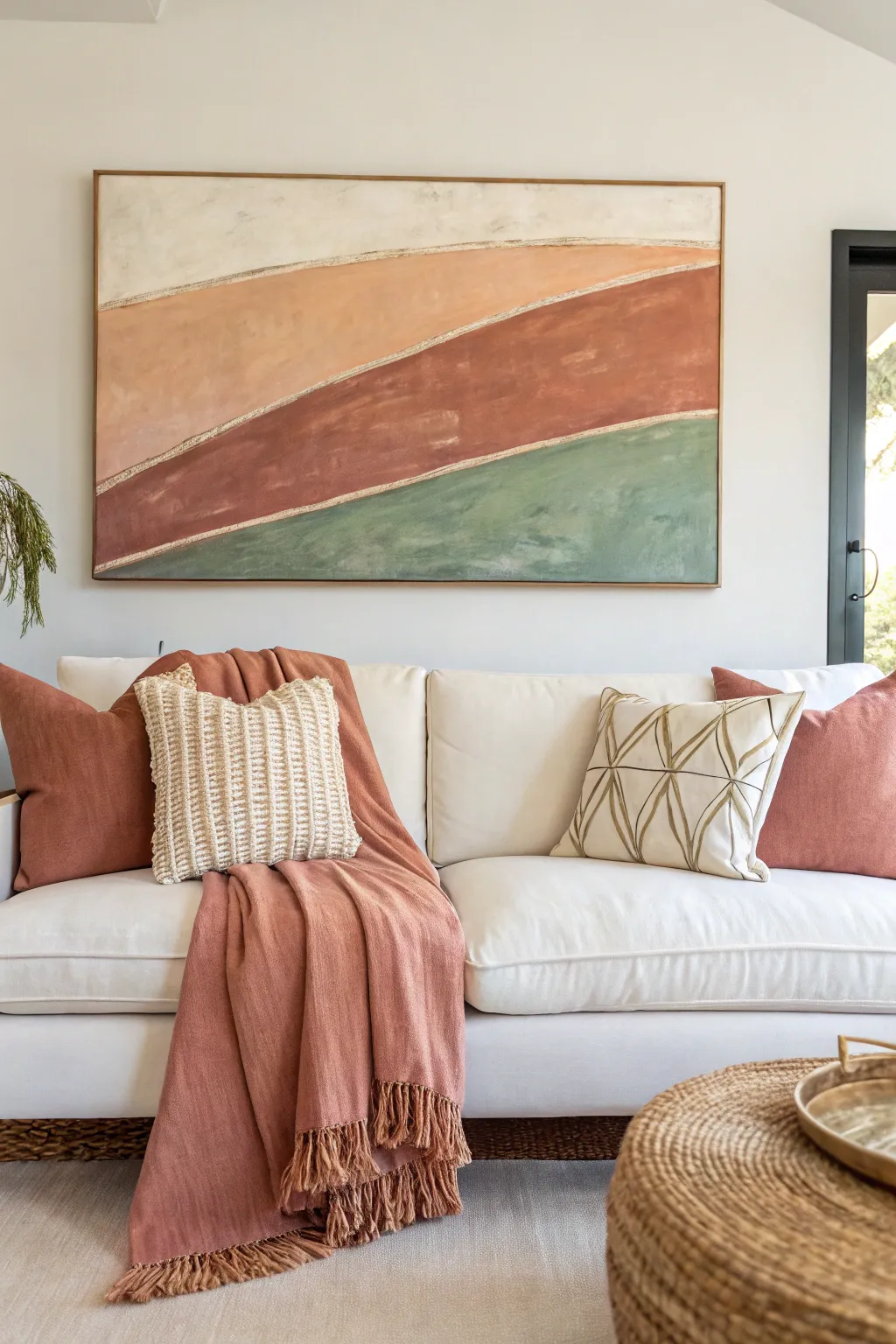 Abstract canvas echoes pillow tones for a cohesive, calm Scandinavian living room palette.