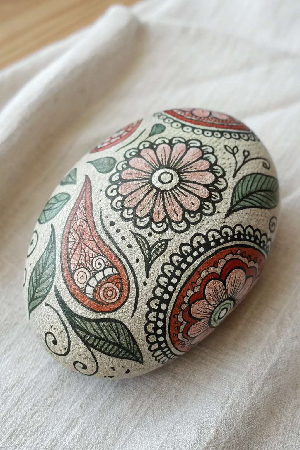 Zentangle doodle rock art in crisp black and white with subtle boho accent colors