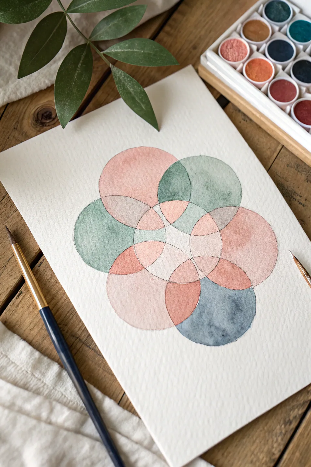 Wet-on-wet circles bloom and merge into glowing overlaps for soft, modern abstract watercolor