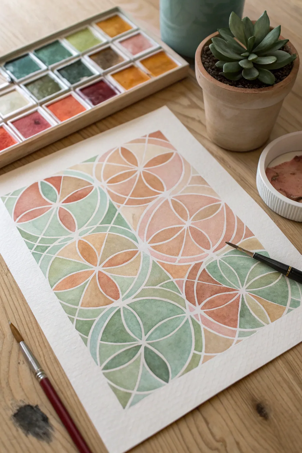 Transparent watercolor circles overlap to create luminous new hues in a calm minimalist palette.
