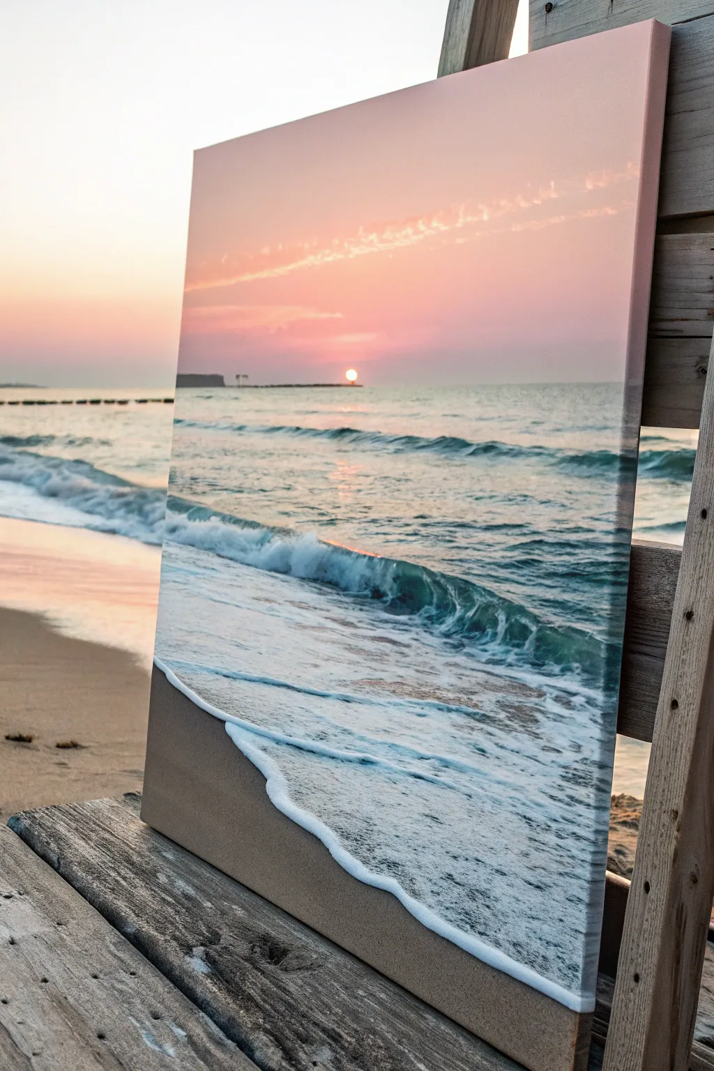 Minimal acrylic beach sunset with crisp foamy waves, calm Scandinavian-boho contrast