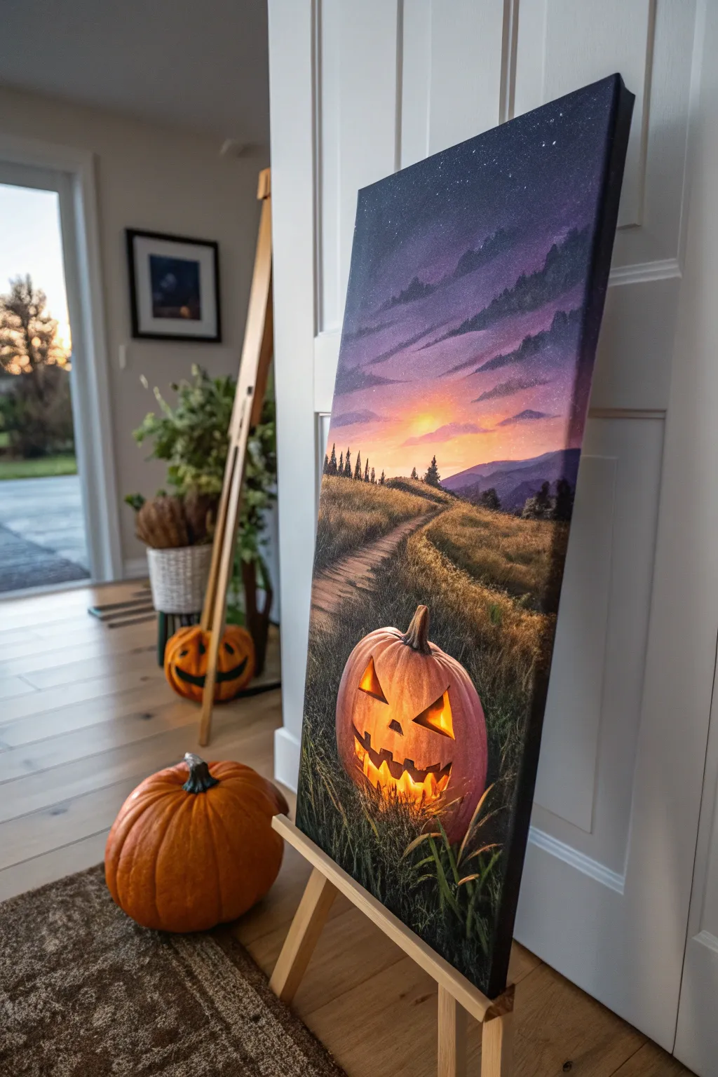 Cozy twilight pumpkin patch in acrylic, one glowing jack-o-lantern in crisp focus at dusk.