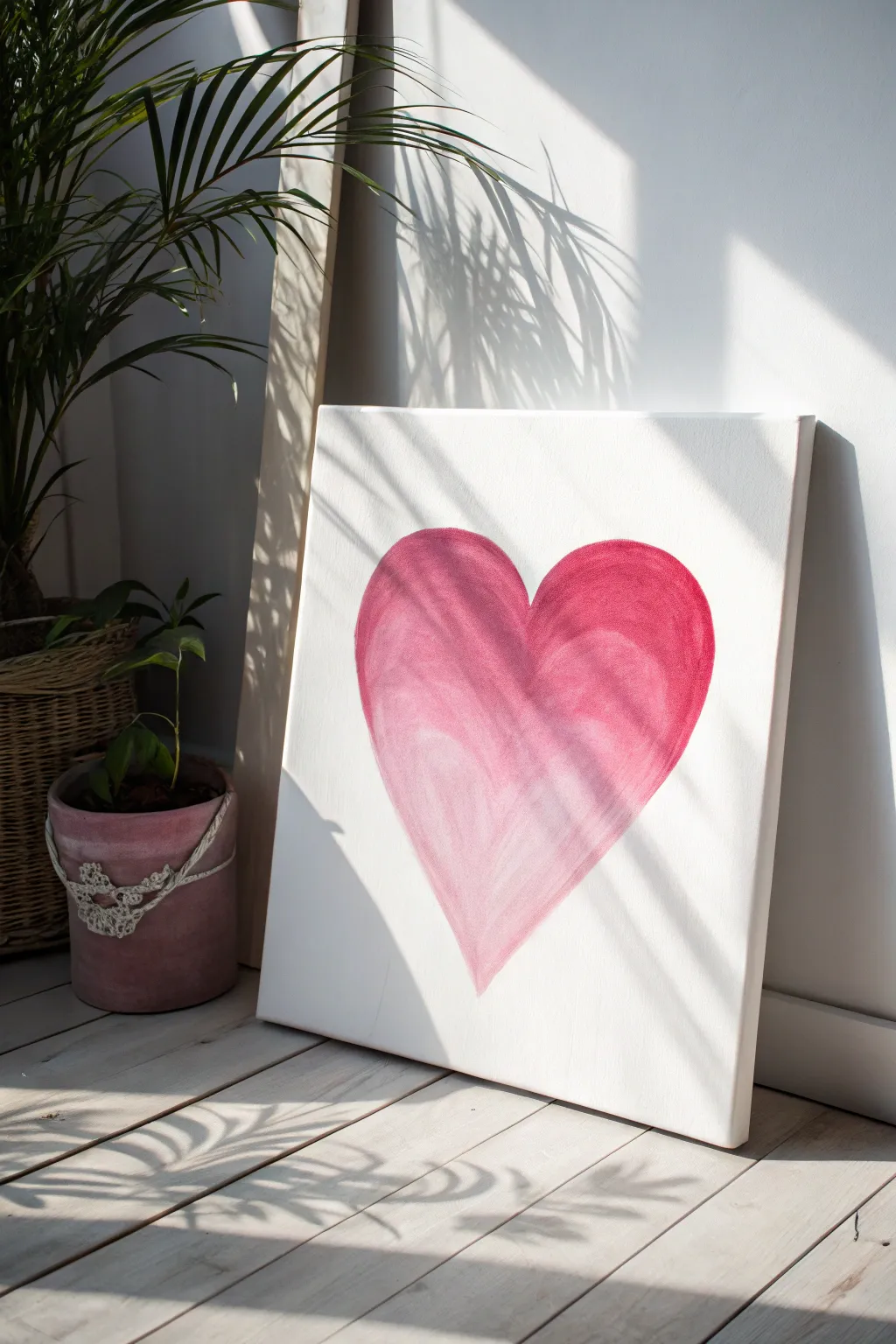 Paint a soft ombre heart in acrylics, blending deep pink into blush on a clean minimalist backdrop.