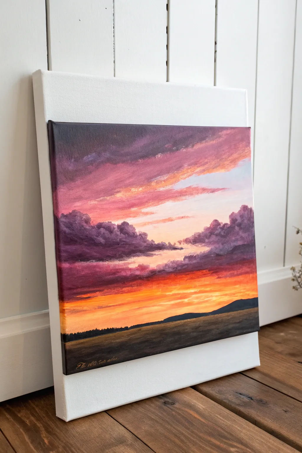 Acrylic sunset gradient with a simple dark horizon, minimalist Scandinavian boho landscape idea