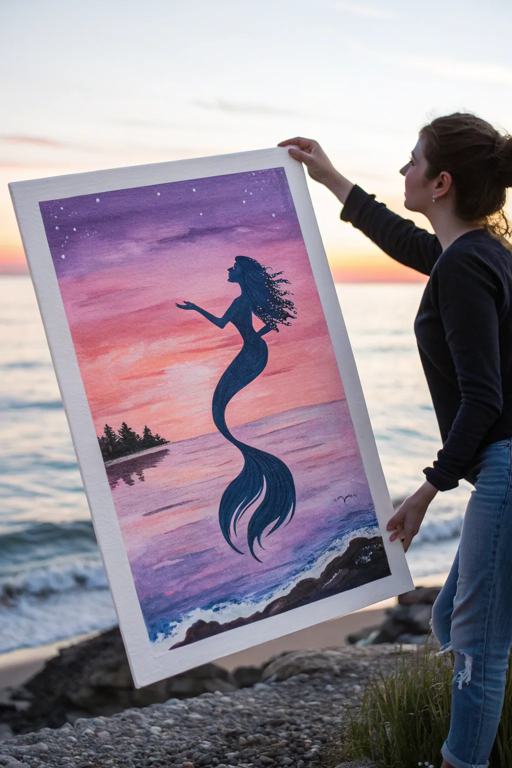 Sunset gradient mermaid profile in acrylic, minimalist silhouette with boho warmth