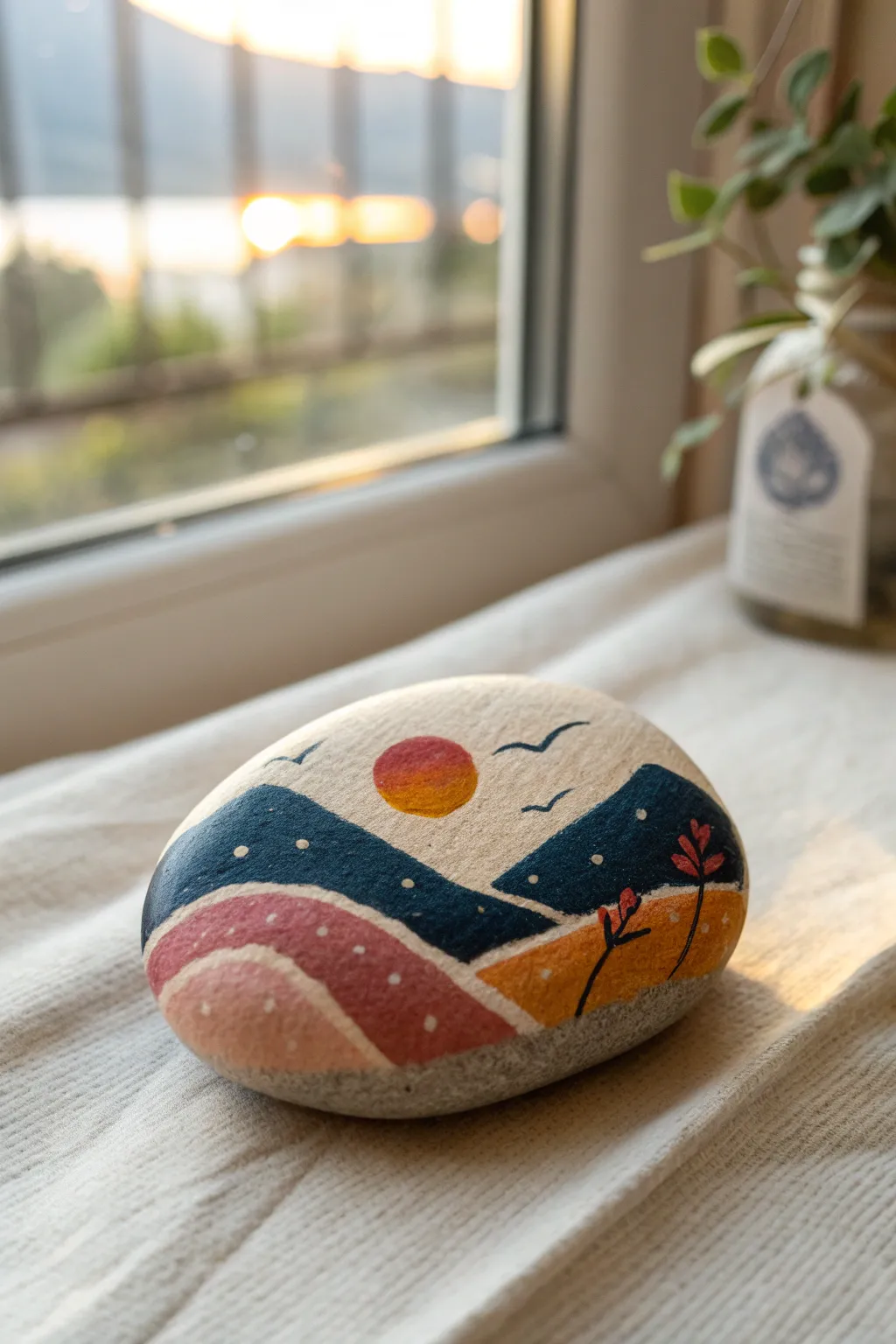 Mini sunset landscape on a flat rock using acrylic paint pens, bold blocks and clean lines.