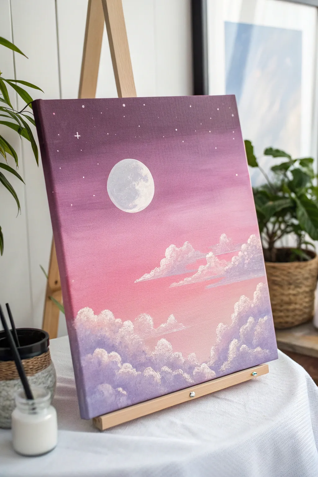 Dreamy pink-lavender sky with a simple moon and soft clouds, calm minimalist acrylic vibe