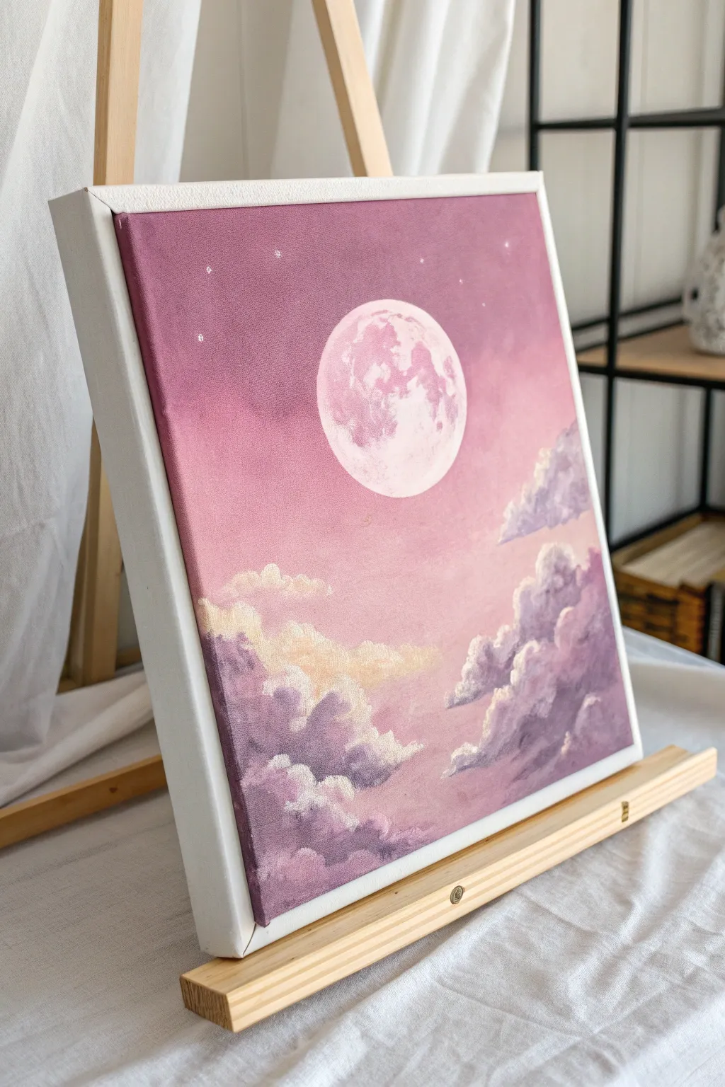 Dreamy acrylic moon study with smooth pink-lavender blending and a crisp glowing edge.