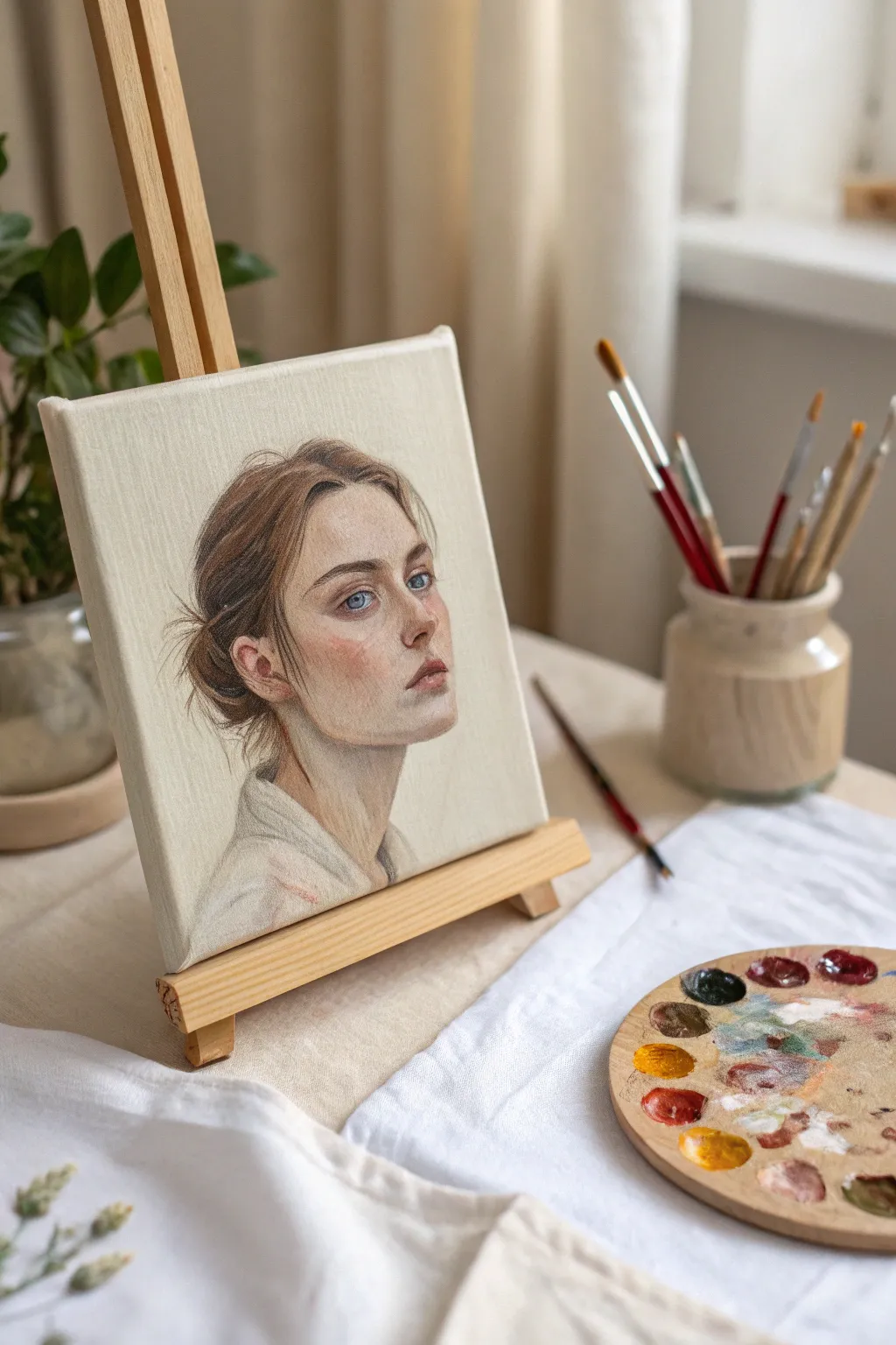 Limited-palette acrylic portrait study showing believable skin values from light to shadow