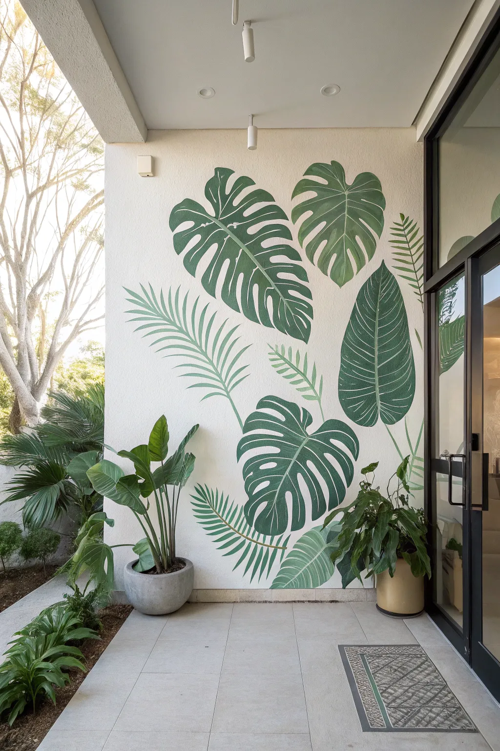 Modern botanical acrylic wall mural idea: oversized monstera leaves on a soft airy backdrop.