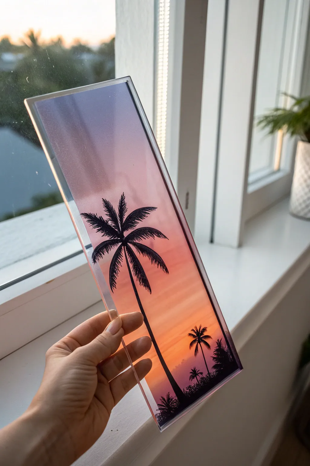 Paint a sunset gradient on glass and add a bold black silhouette for instant drama.