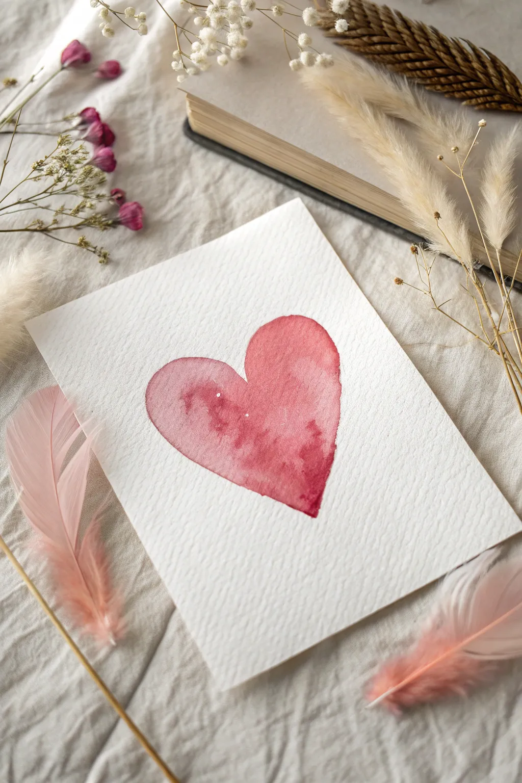 Watercolor bleed heart wash in dusty pinks, minimal Scandinavian calm with soft boho texture.