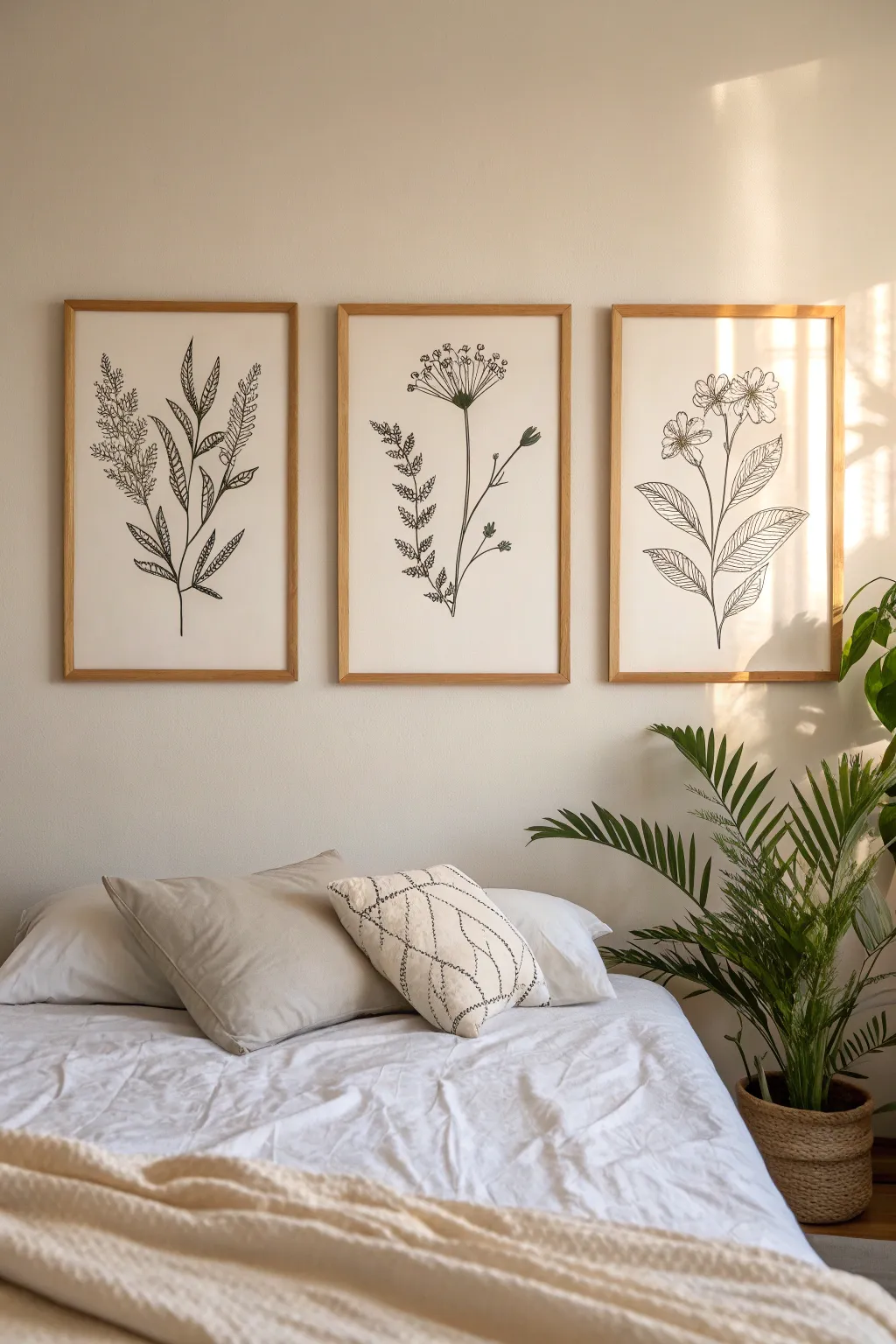 Soft botanical line art trio in airy Scandinavian decor, perfect painting idea for the bedroom