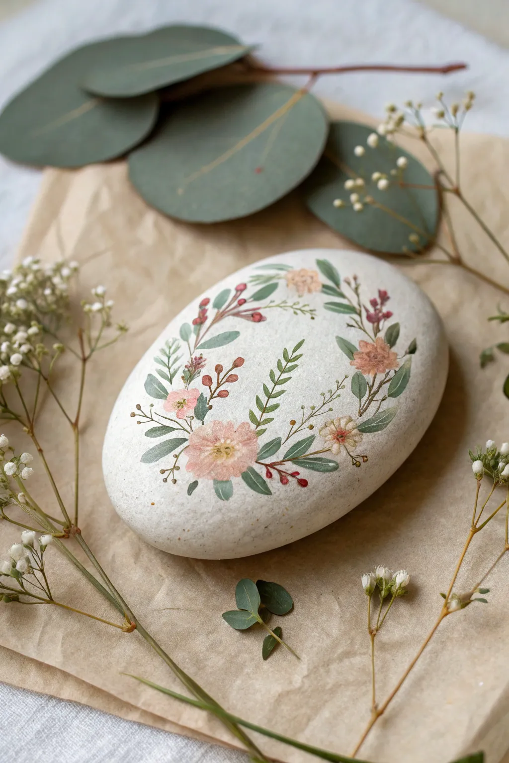 Soft botanical wreath rock with muted wildflowers on kraft paper, minimal and boho calm.