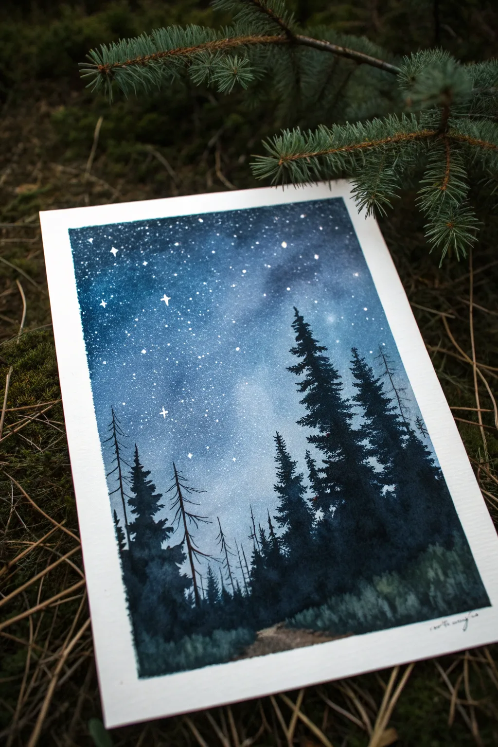 Minimalist starry night wash with crisp pine silhouettes, calm Nordic watercolor mood.